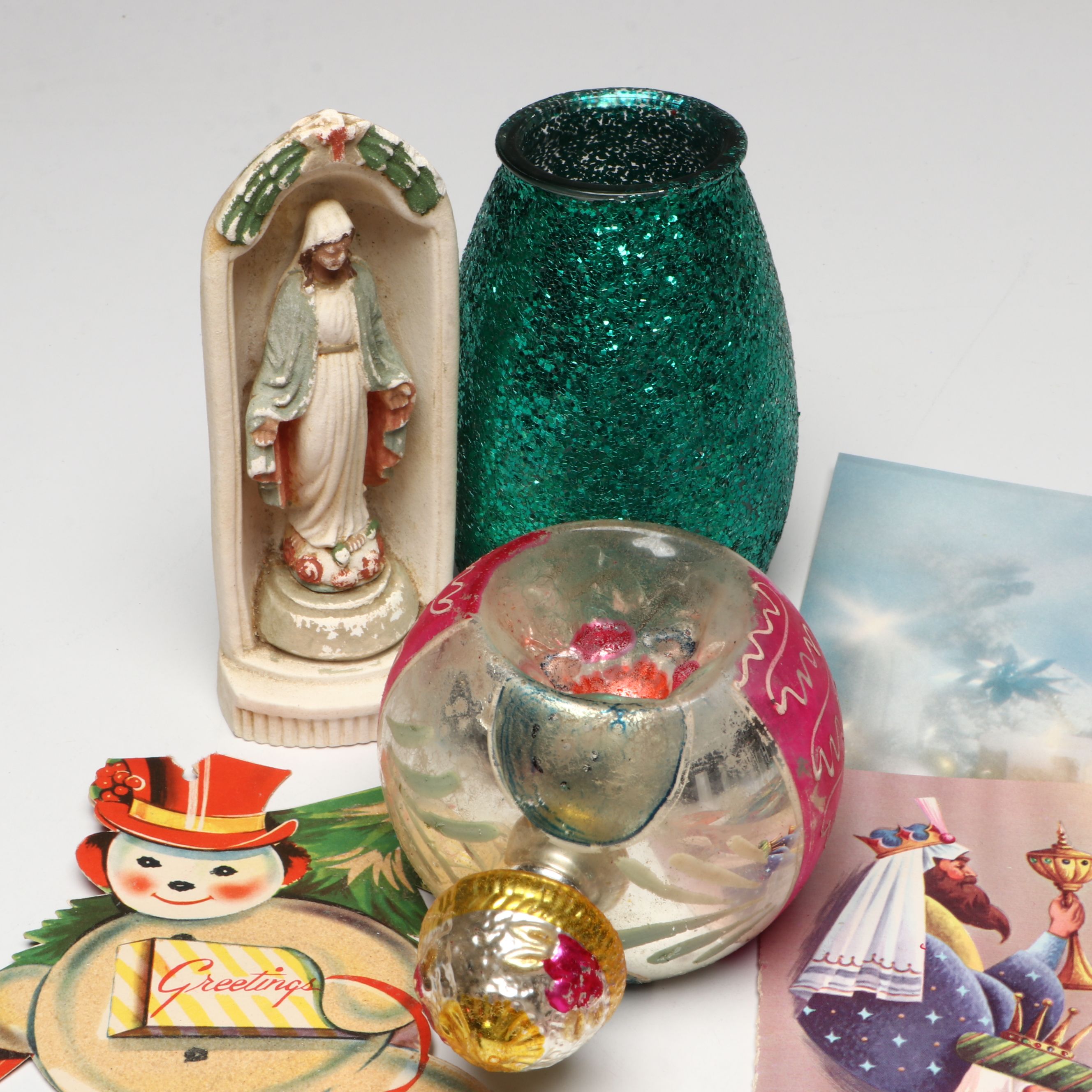 Vintage Mercury Glass Ornaments and Christmas Ephemera, Mid to Late 20th Century