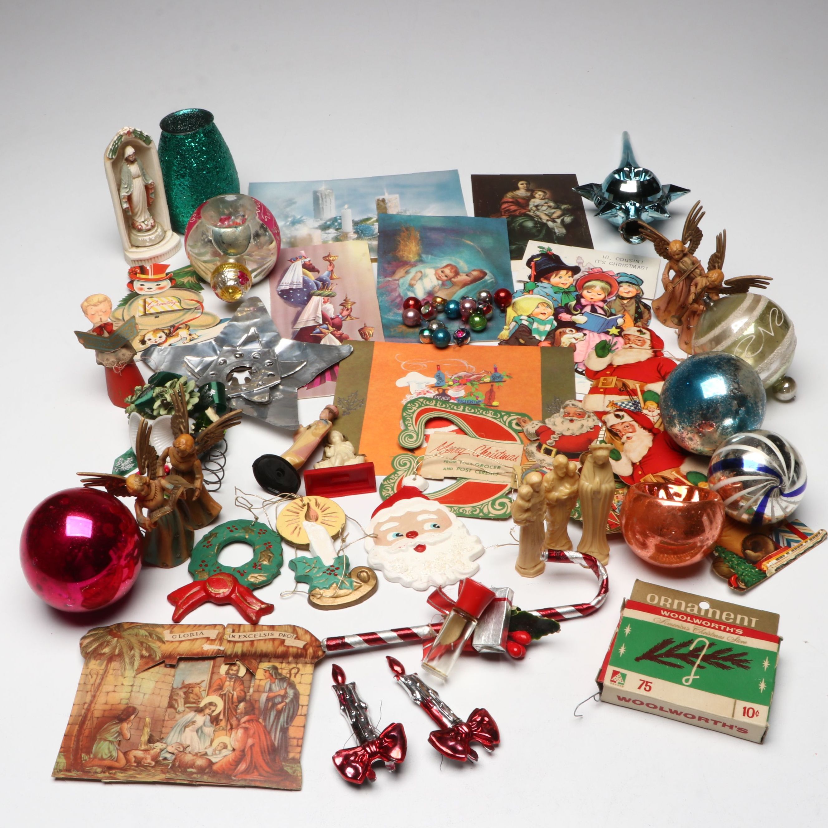 Vintage Mercury Glass Ornaments and Christmas Ephemera, Mid to Late 20th Century