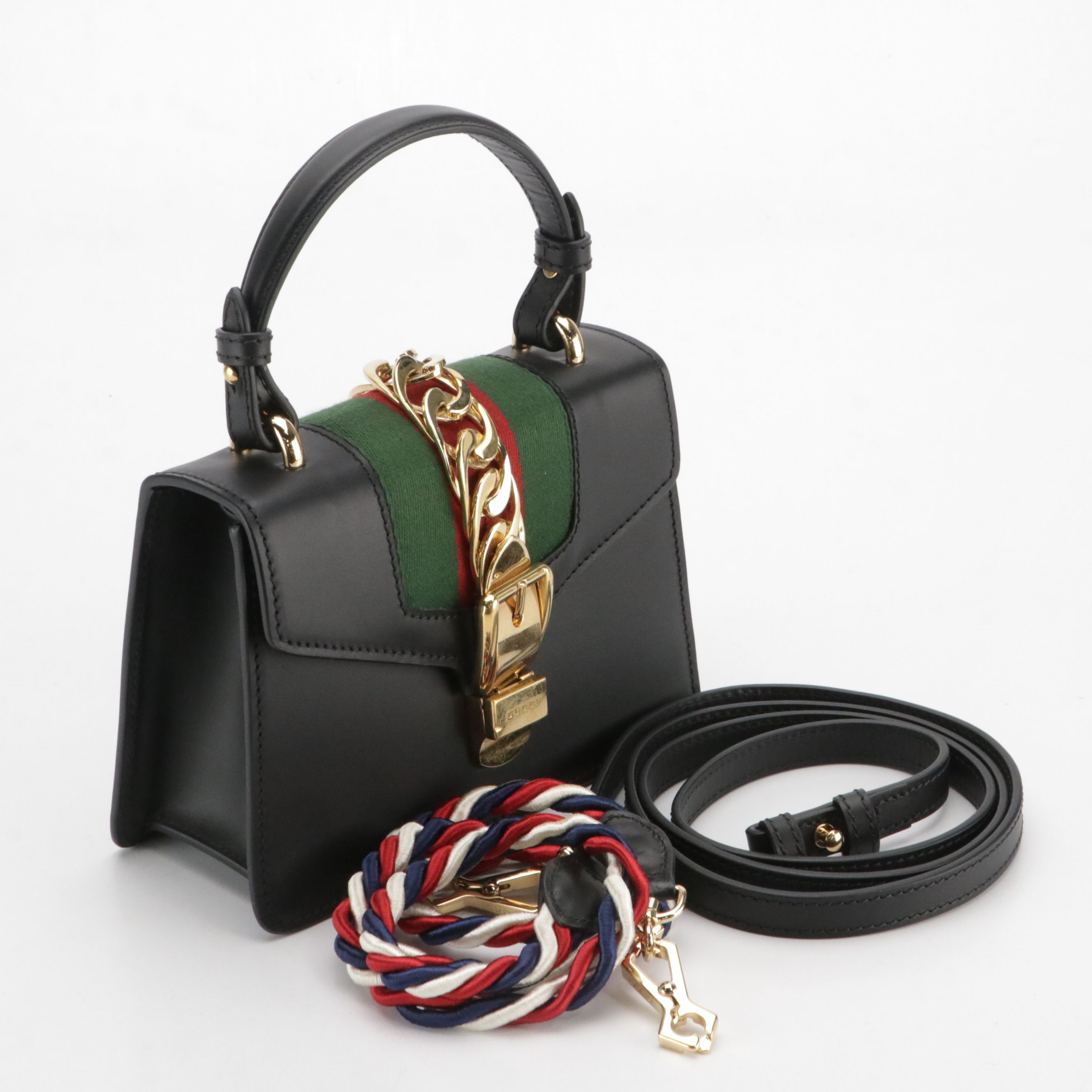 Gucci Sylvie Mini Black Leather Top Handle Convertible Bag