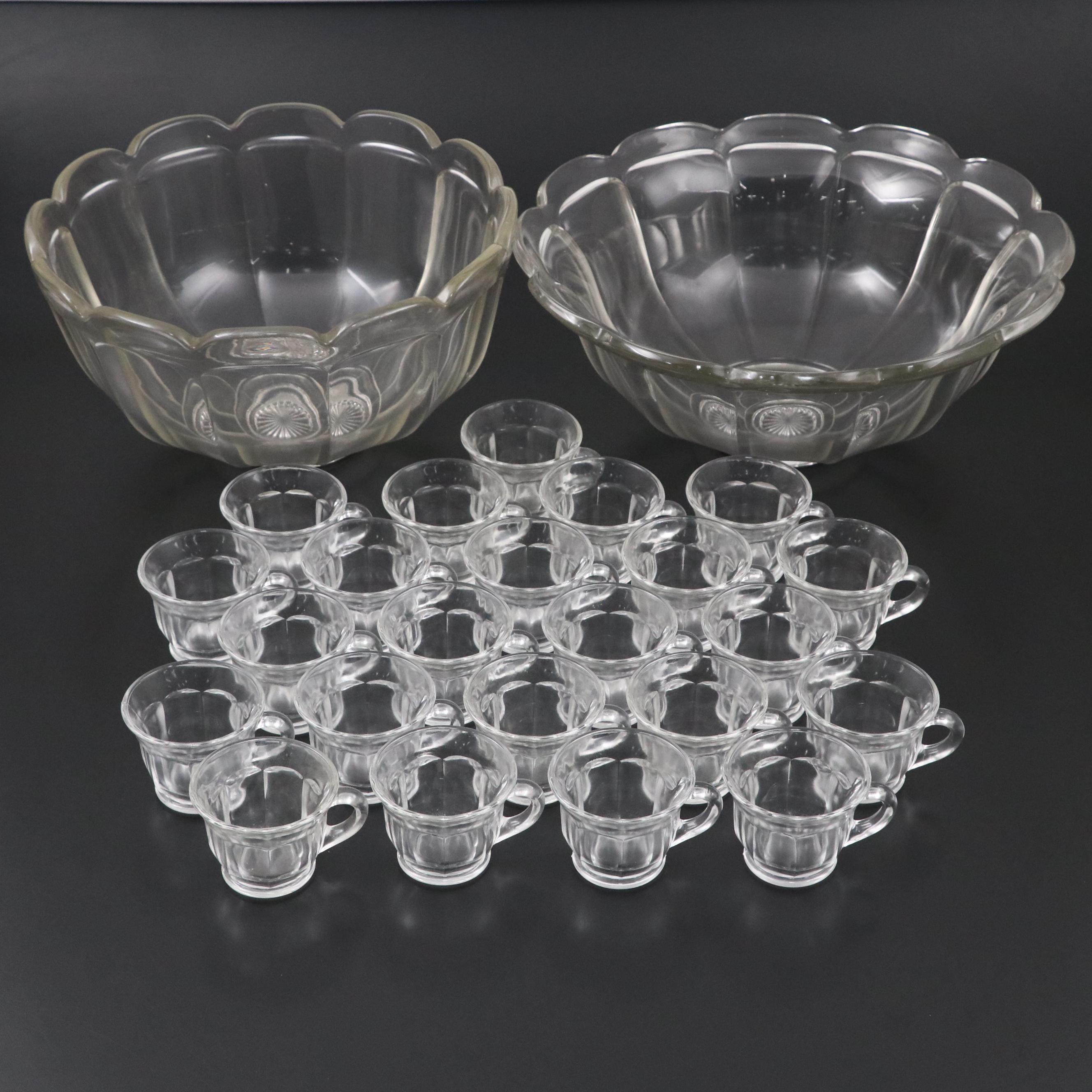 Glass Punch Bowls and Cups with Ladles, Mid to Late 20th Century