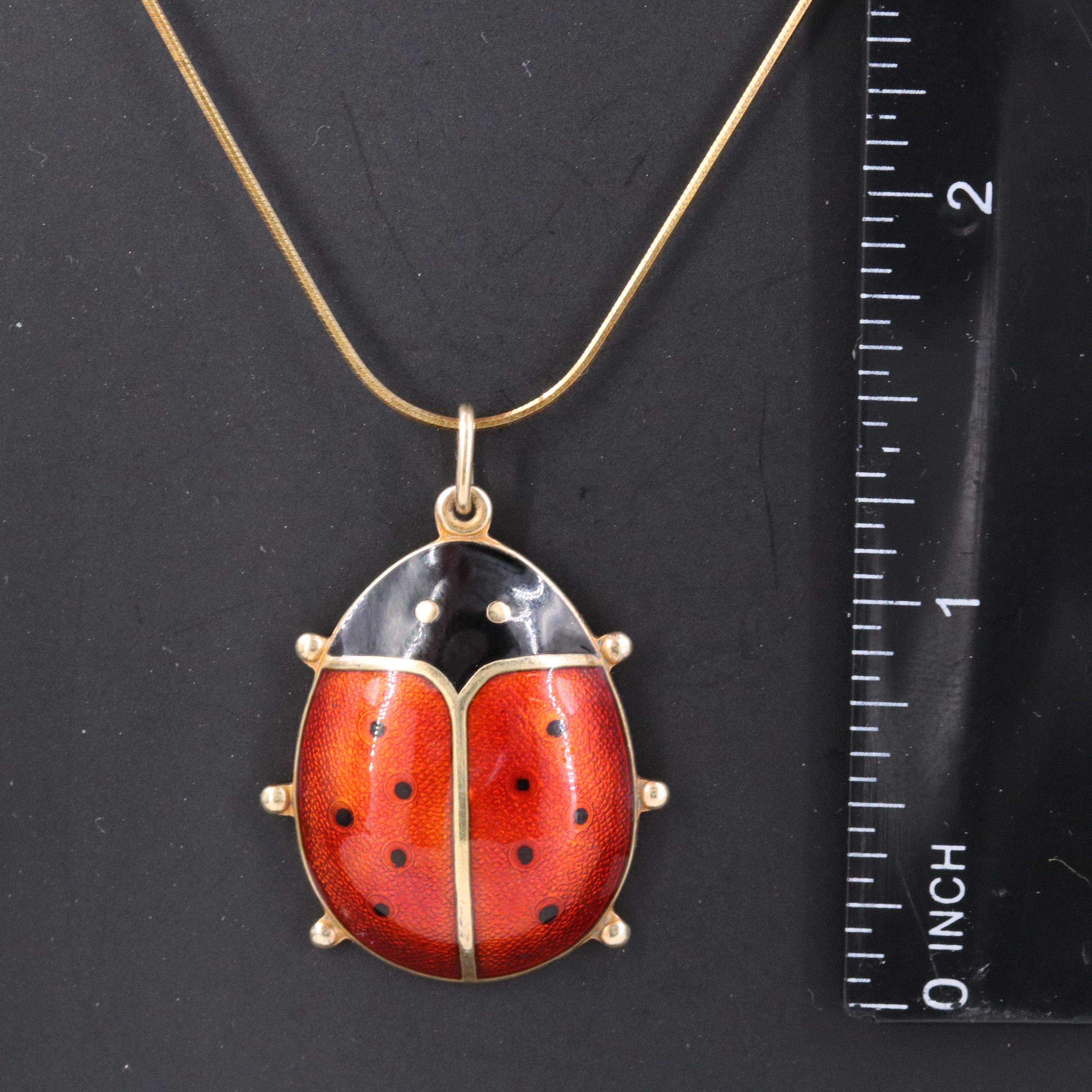David Andersen Sterling Enamel Ladybug Pendant on Snake Chain Necklace