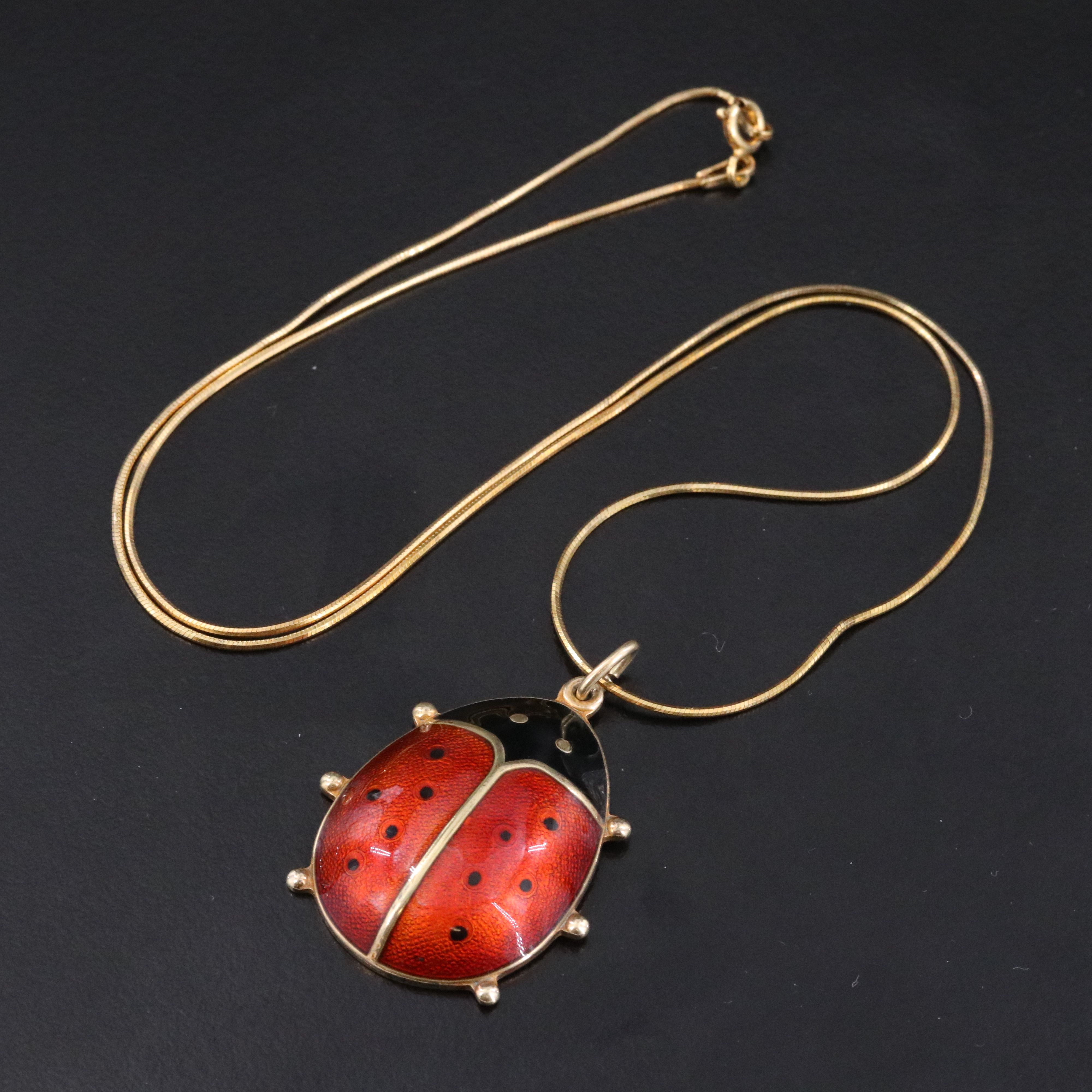 David Andersen Sterling Enamel Ladybug Pendant on Snake Chain Necklace