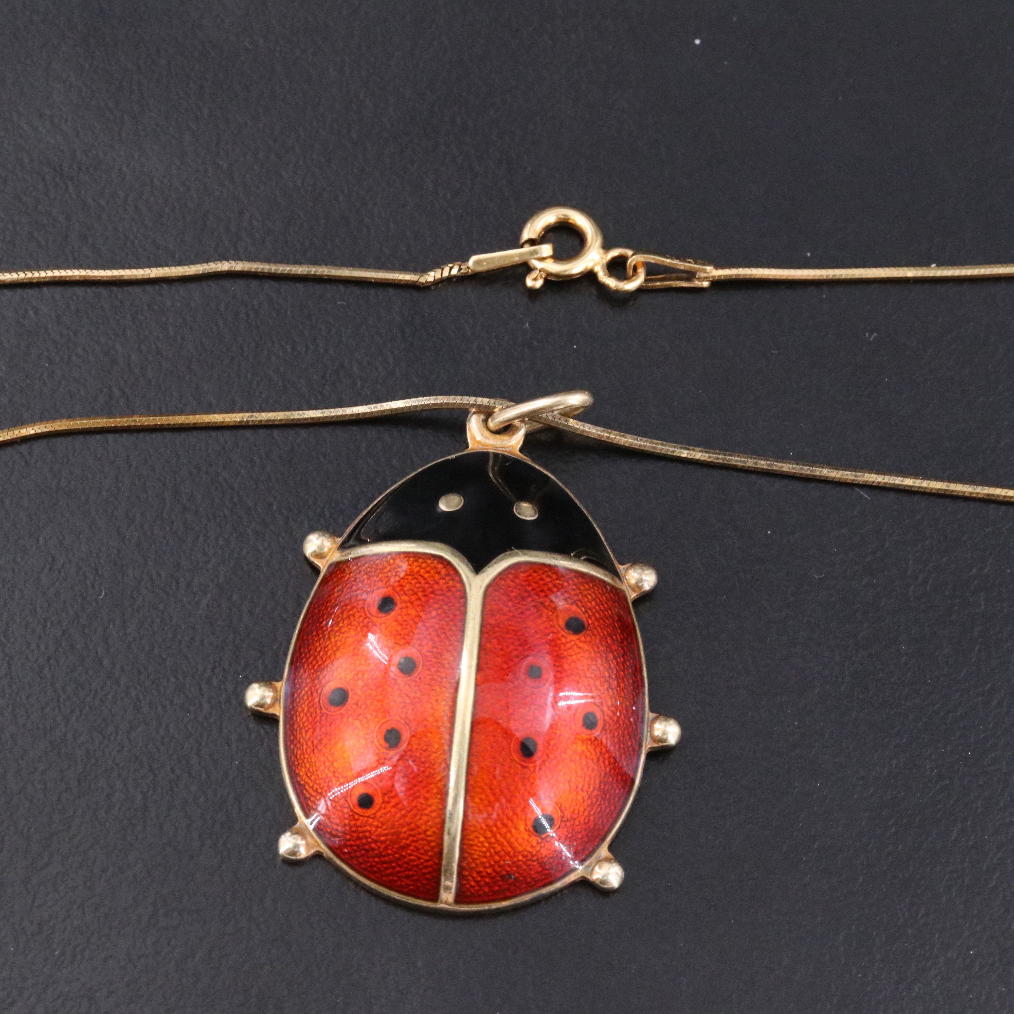 David Andersen Sterling Enamel Ladybug Pendant on Snake Chain Necklace
