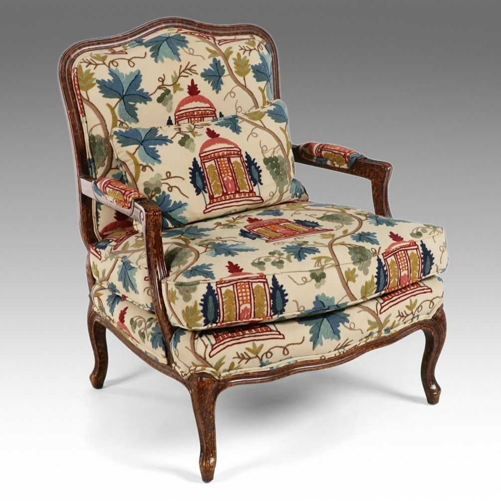 Pearson Louis XV Style Bergère Chair with Chinoiserie Crewel Upholstery