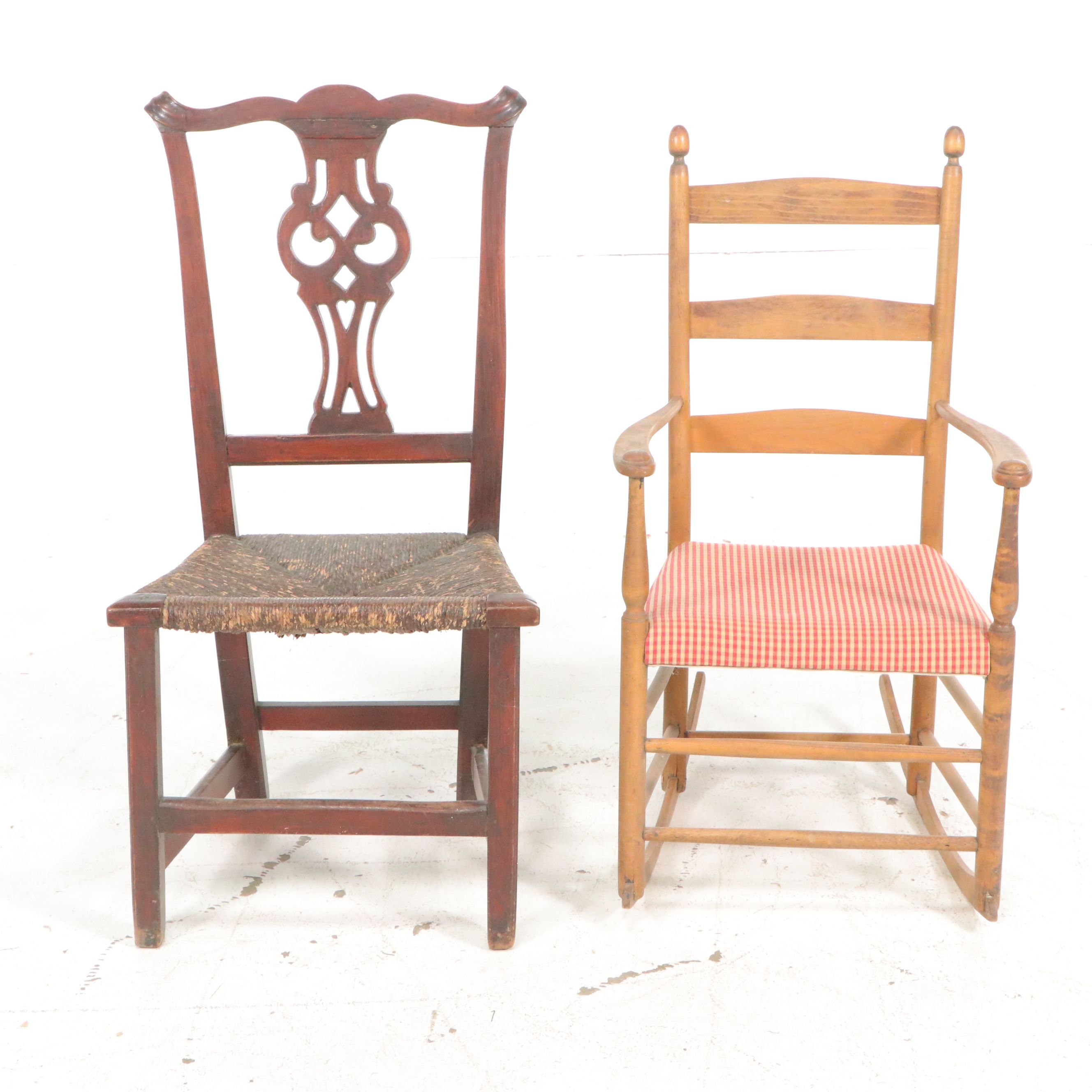 Early American Chippendale Style Side Chair with Ladder-Back Rocking Chair