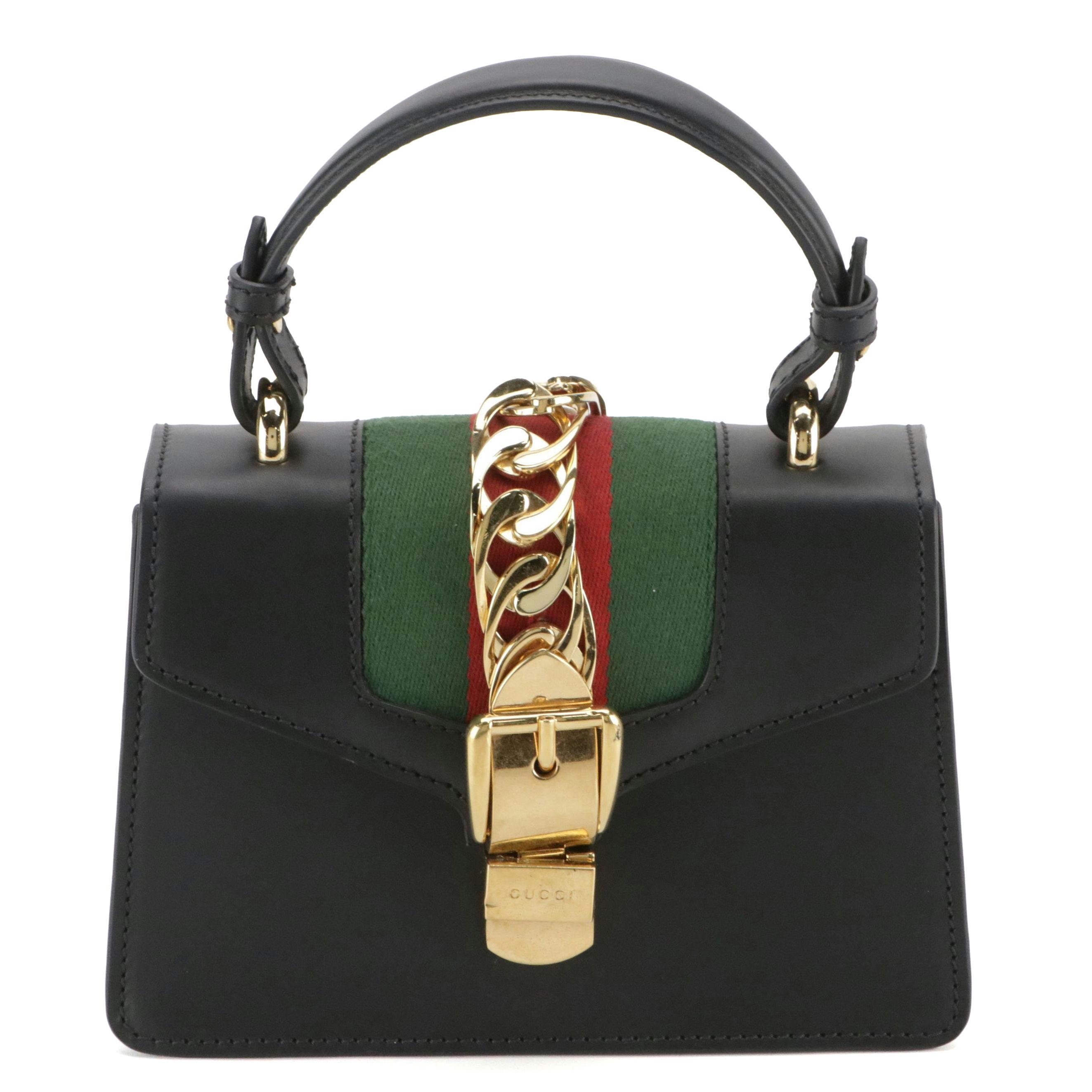 Gucci Sylvie Mini Black Leather Top Handle Convertible Bag