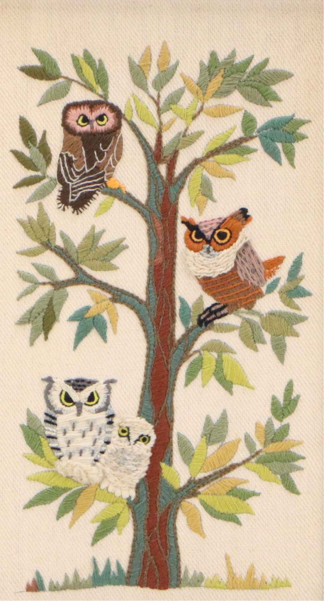 Embroidered Yarn Panel of Owls in Tree, 1973