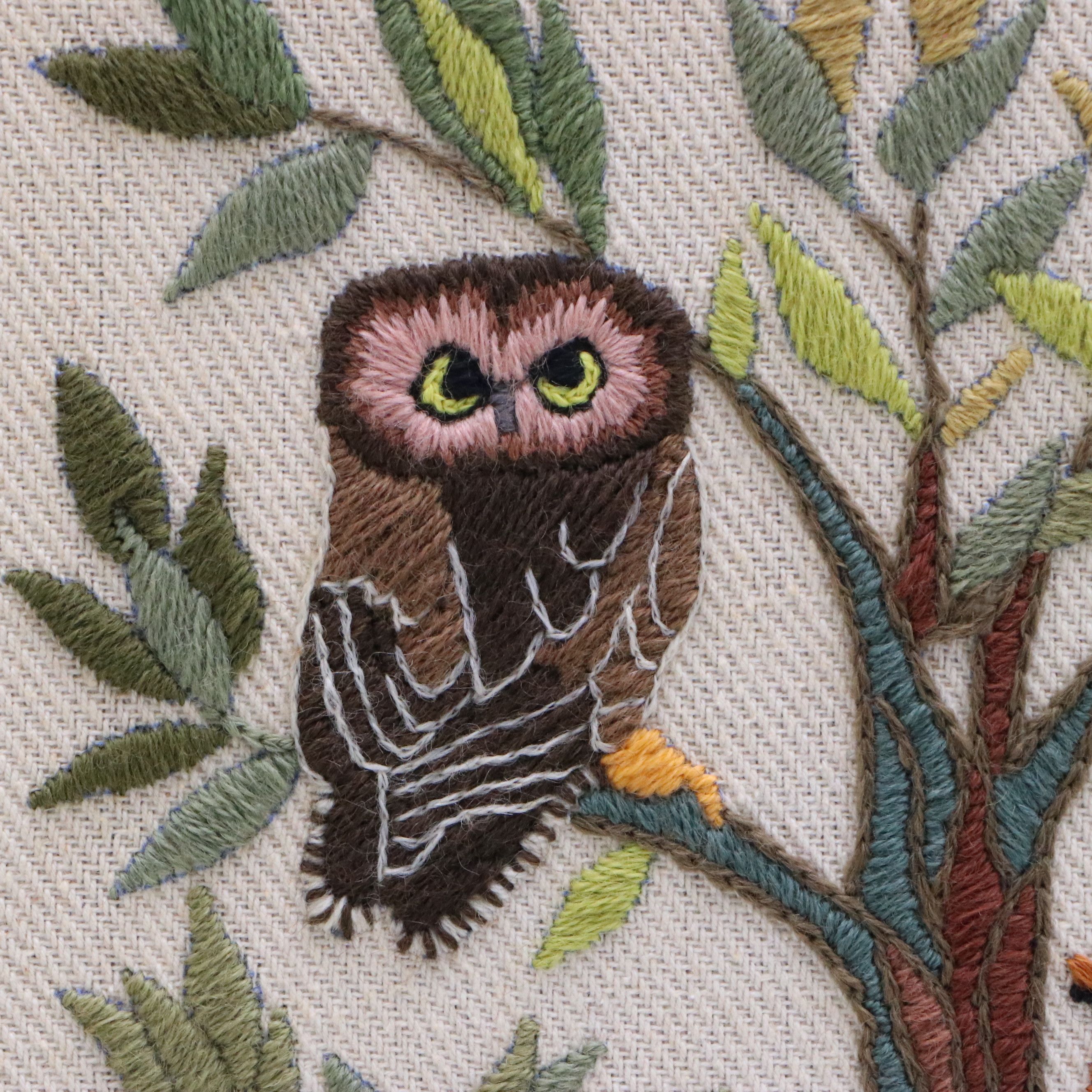 Embroidered Yarn Panel of Owls in Tree, 1973