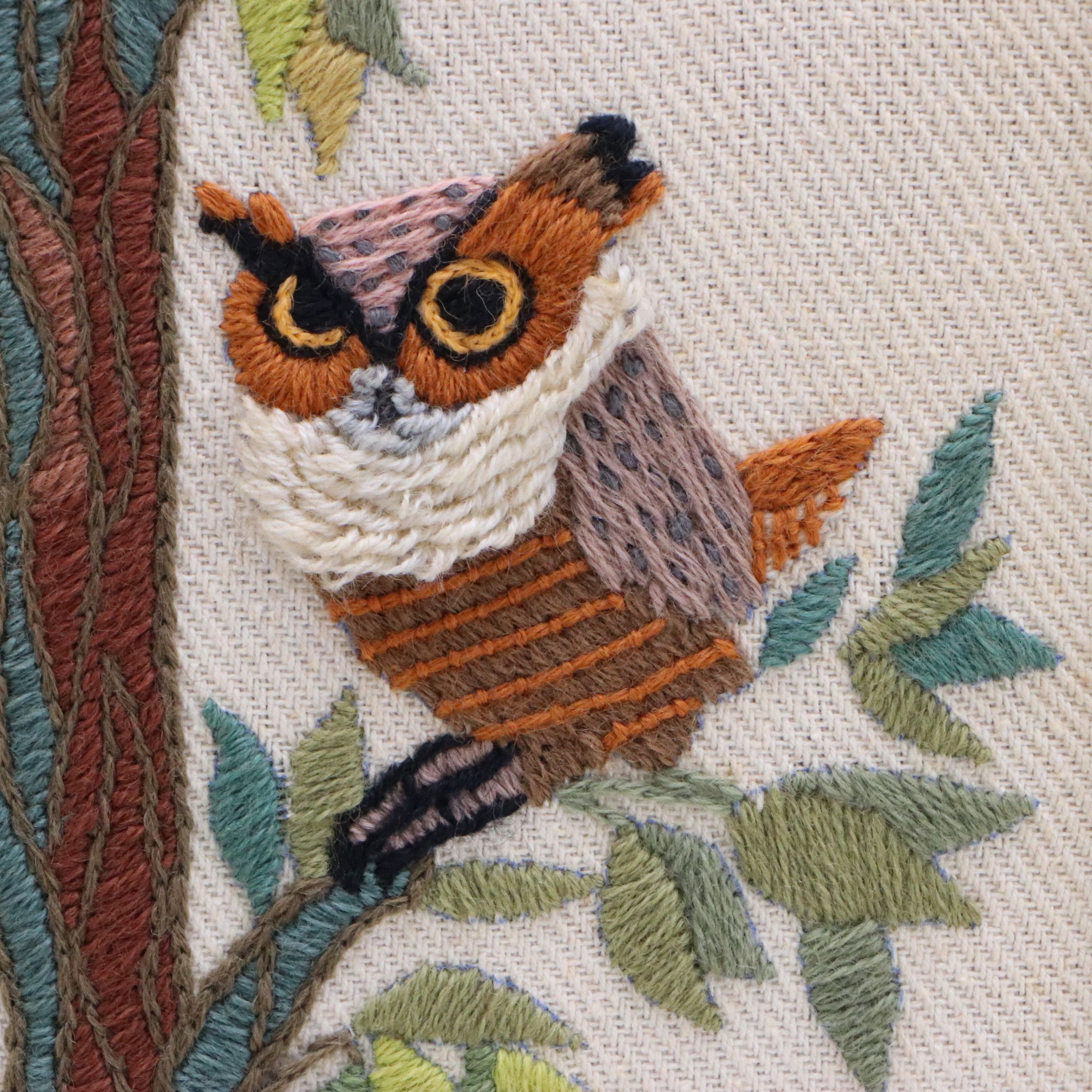 Embroidered Yarn Panel of Owls in Tree, 1973