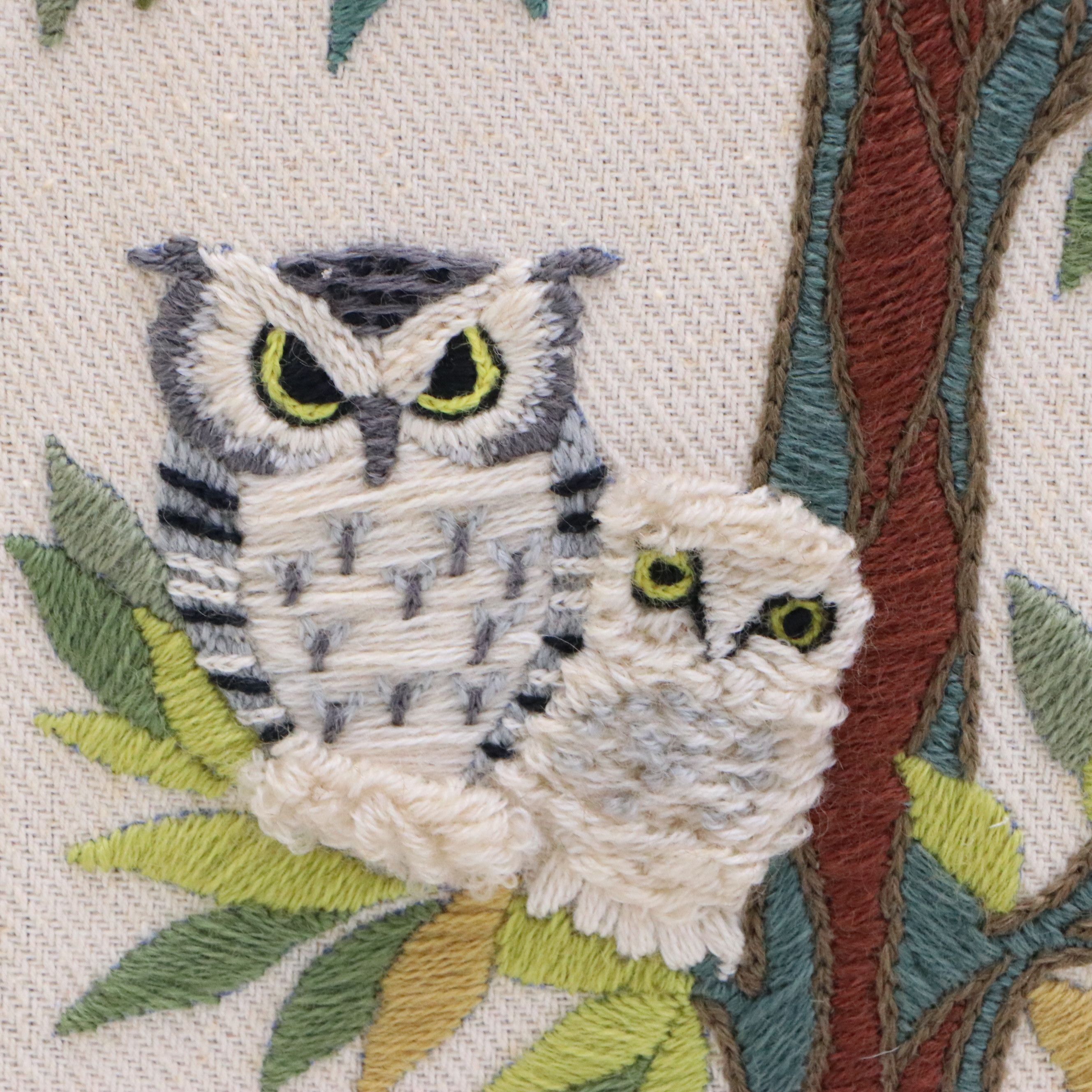 Embroidered Yarn Panel of Owls in Tree, 1973