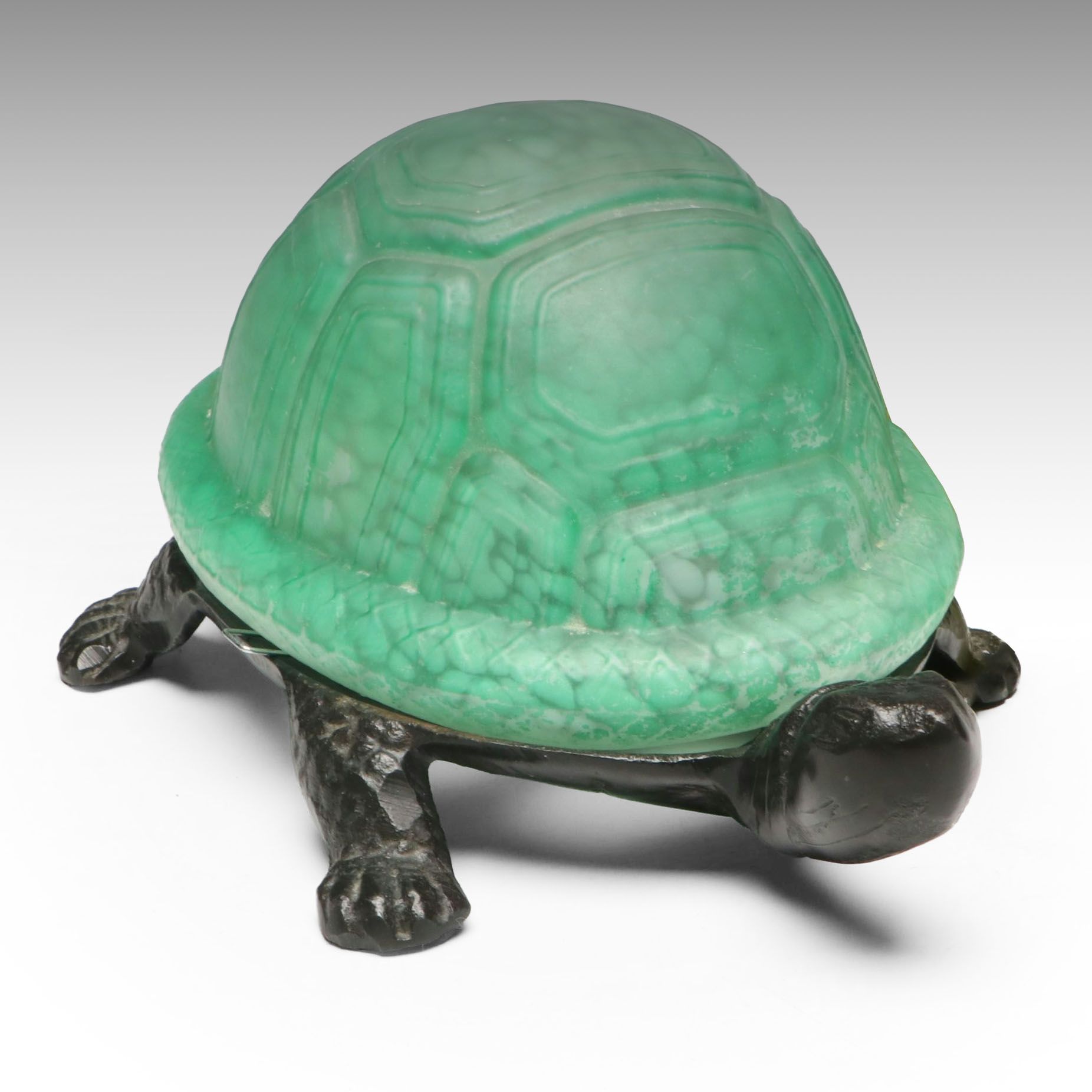 Tortoise Form Cast Iron Accent Lamp with Green Coated Glass Shade