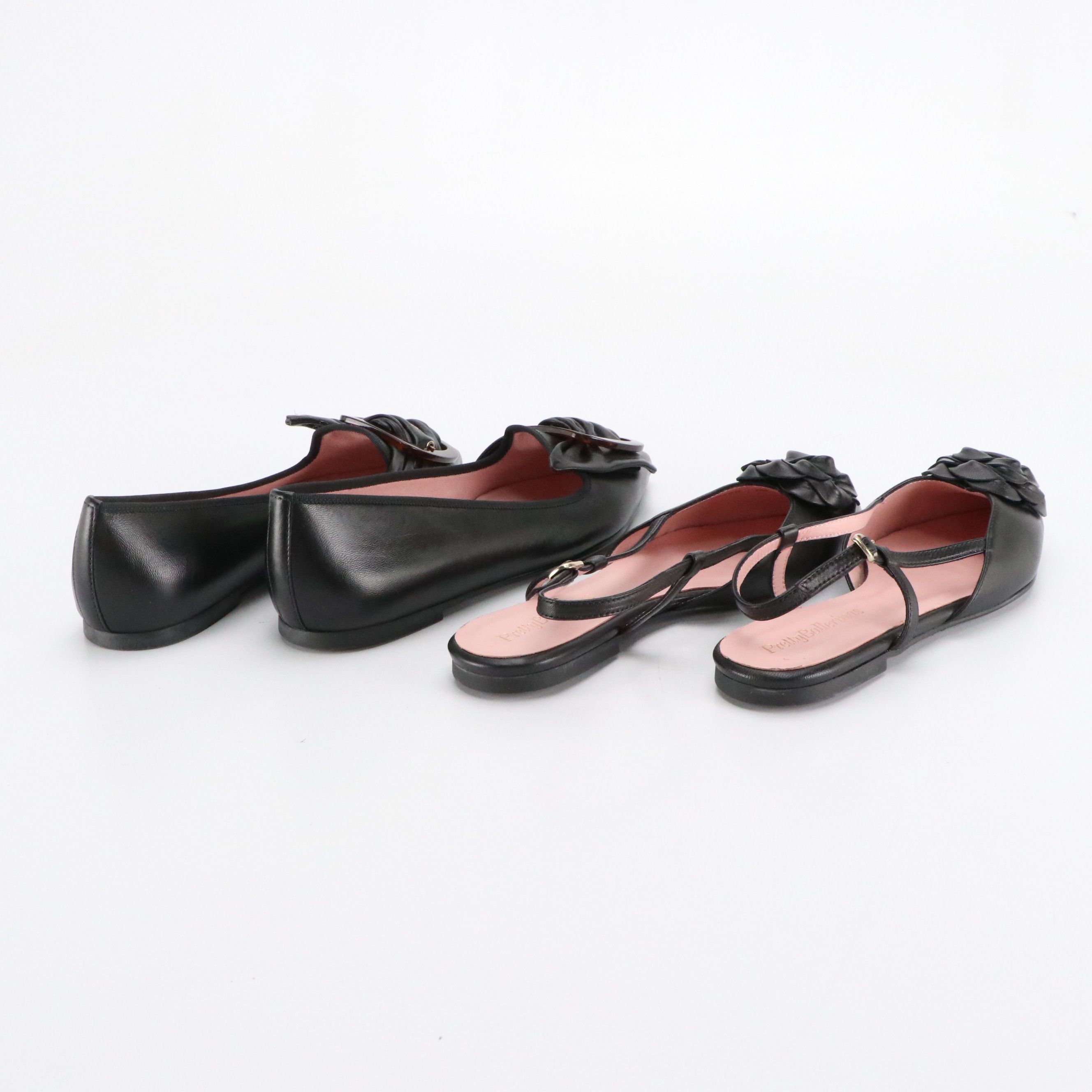 Pretty Ballerinas Pointed-Toe Bow Buckle and Flower Flats in Black Leather