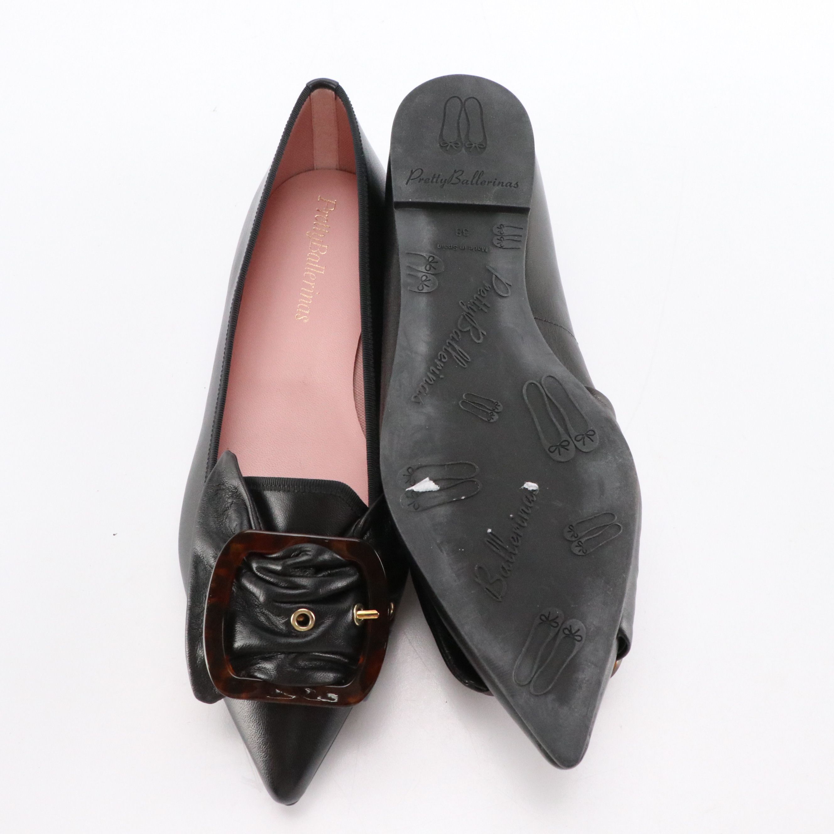 Pretty Ballerinas Pointed-Toe Bow Buckle and Flower Flats in Black Leather