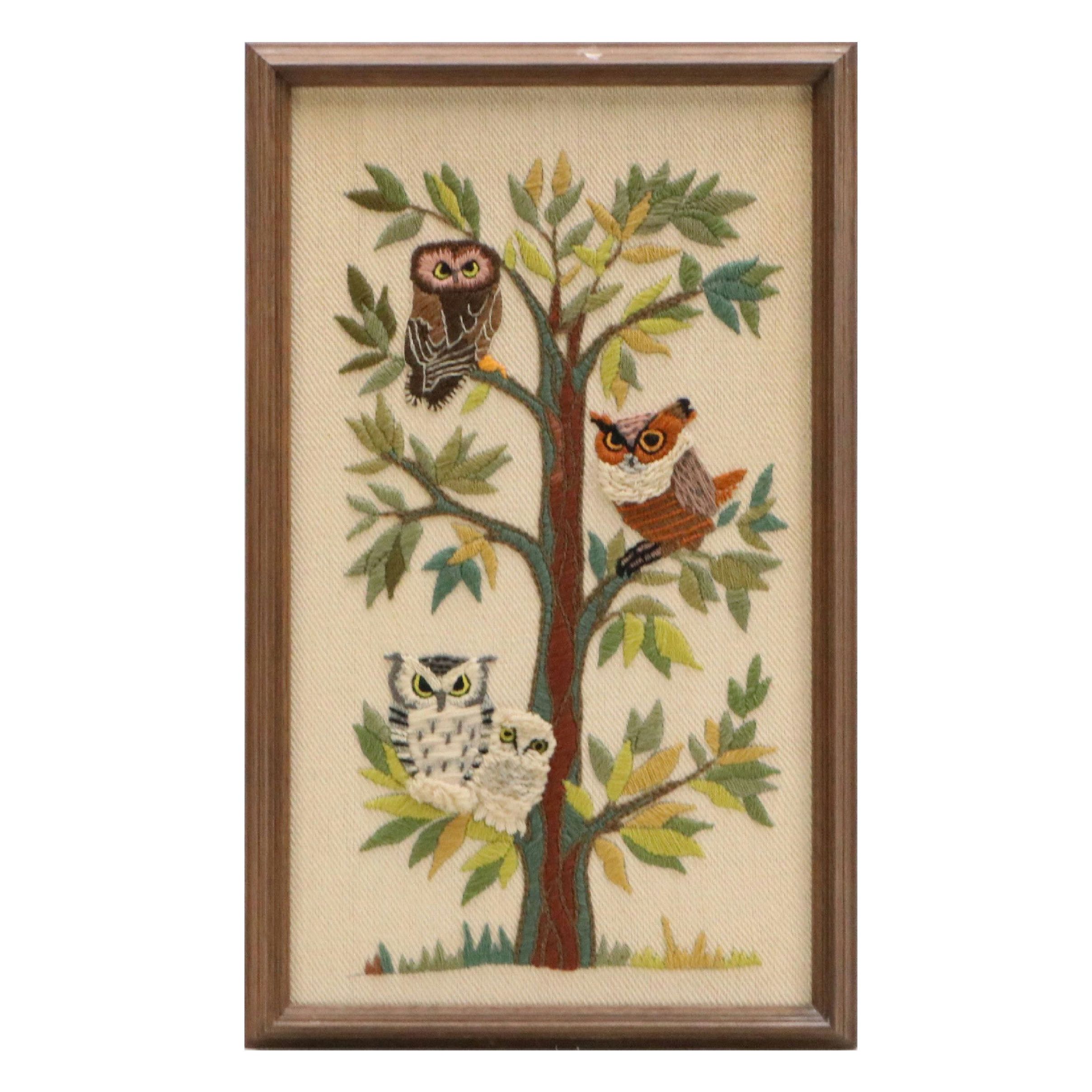 Embroidered Yarn Panel of Owls in Tree, 1973
