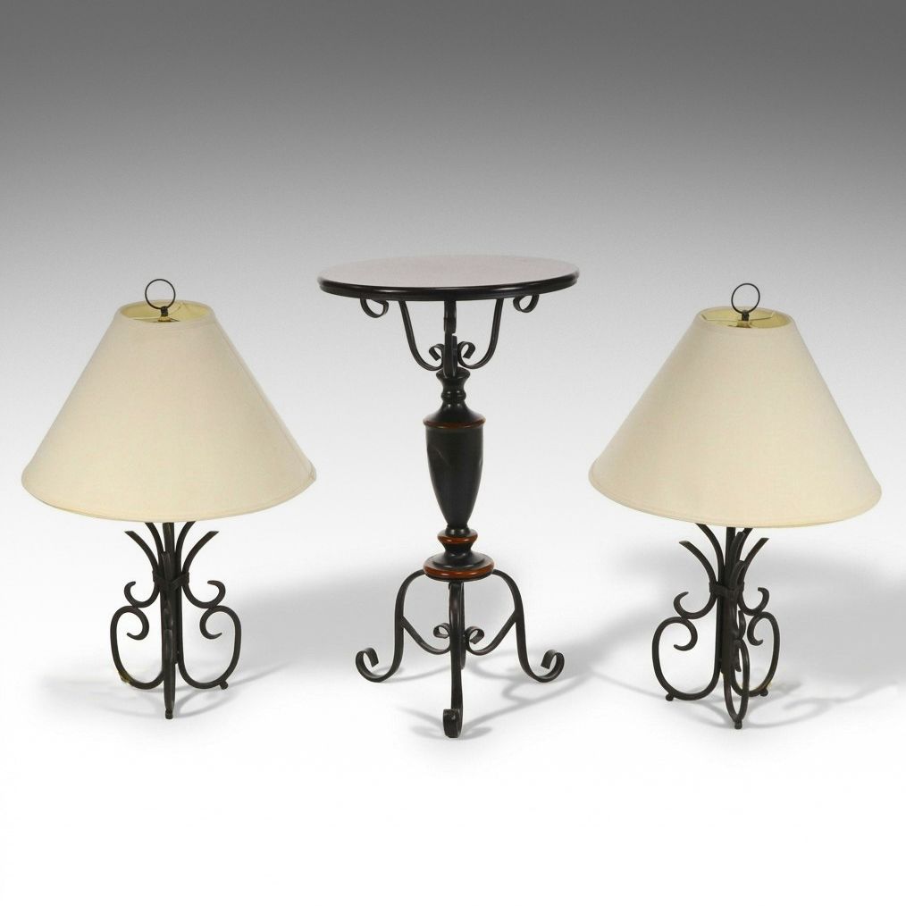 Wrought Iron Scrolled Table Lamps with Neoclassical Style Side Table