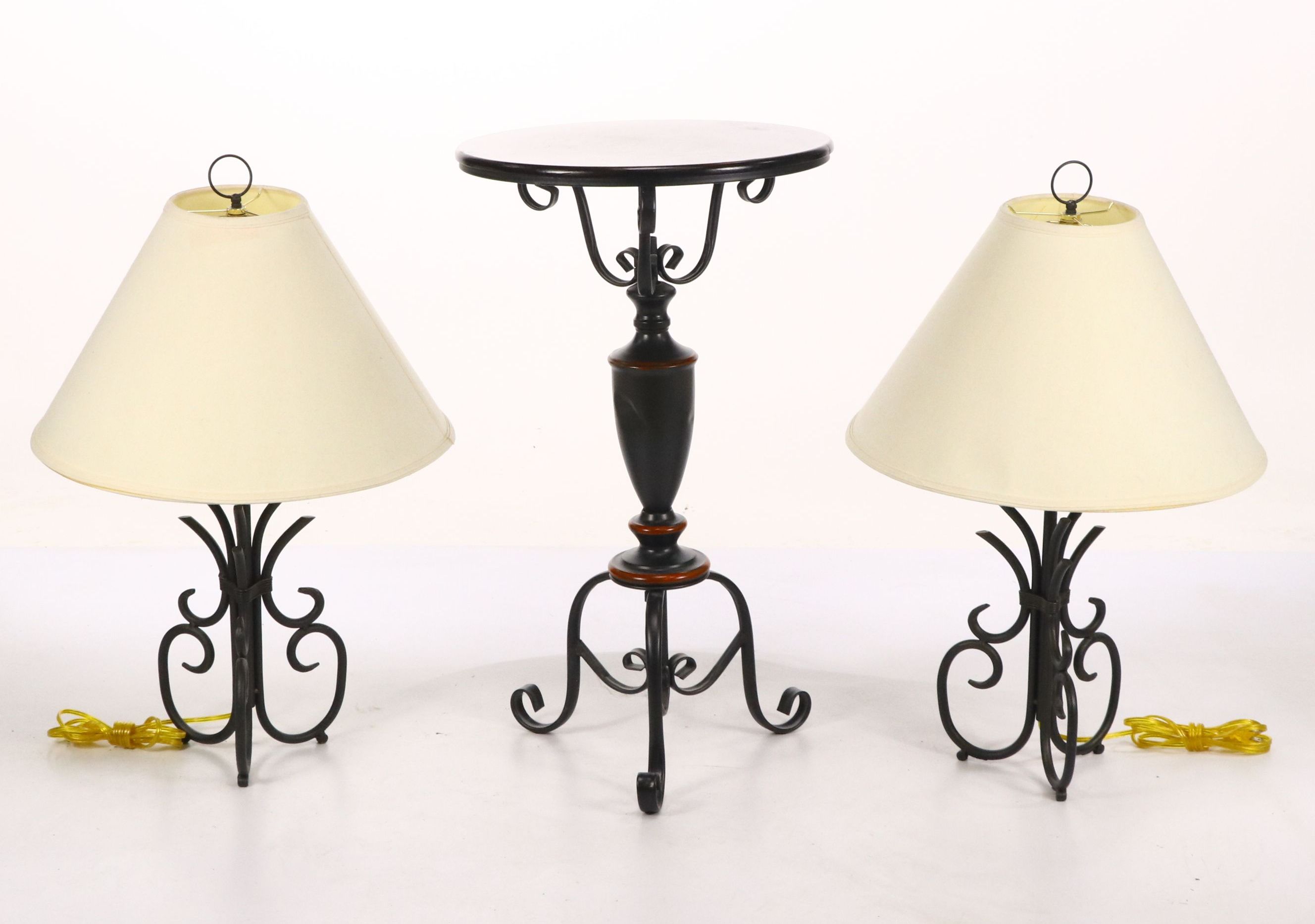 Wrought Iron Scrolled Table Lamps with Neoclassical Style Side Table