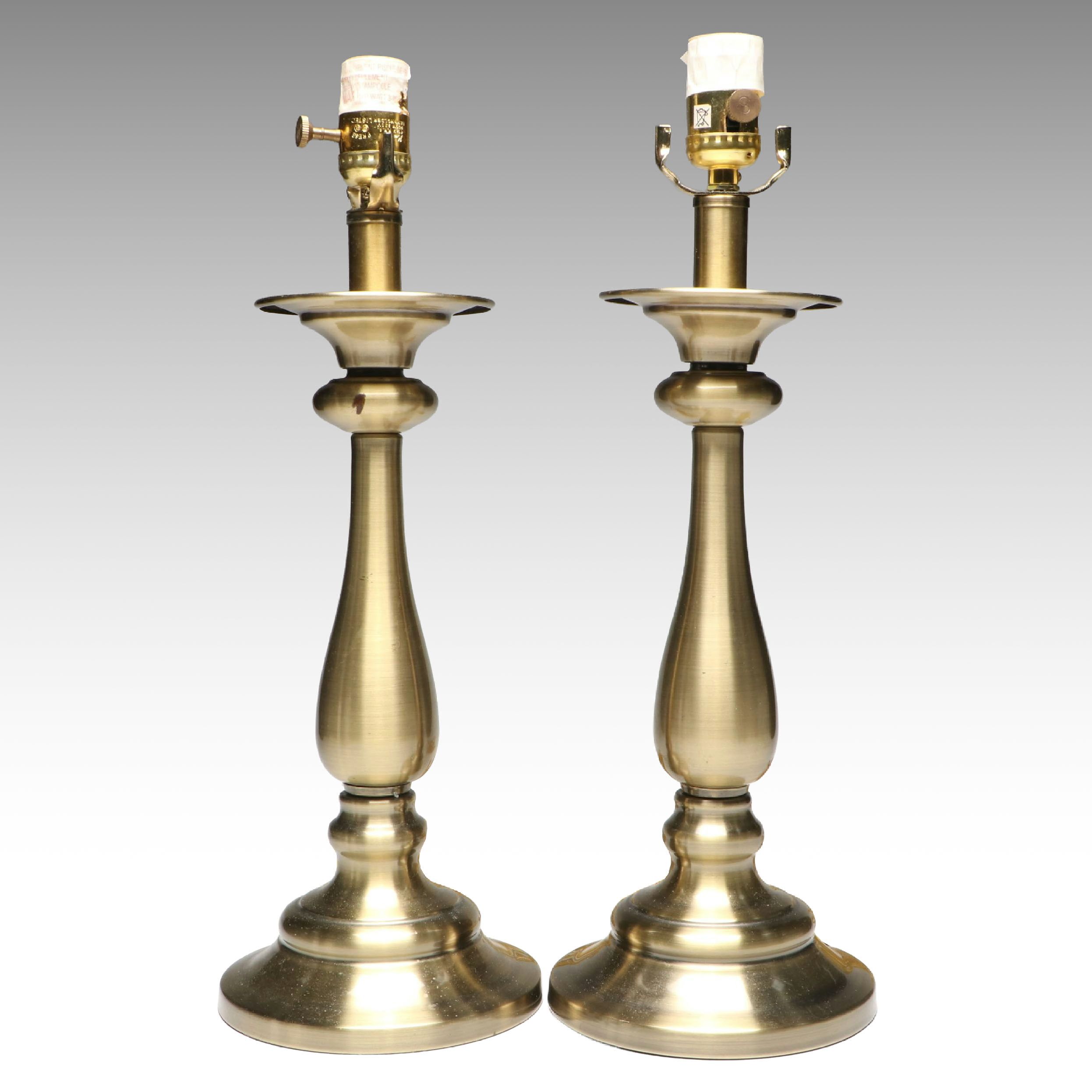 Pair of Stiffel Candlestick Form Brushed Brass Table Lamps