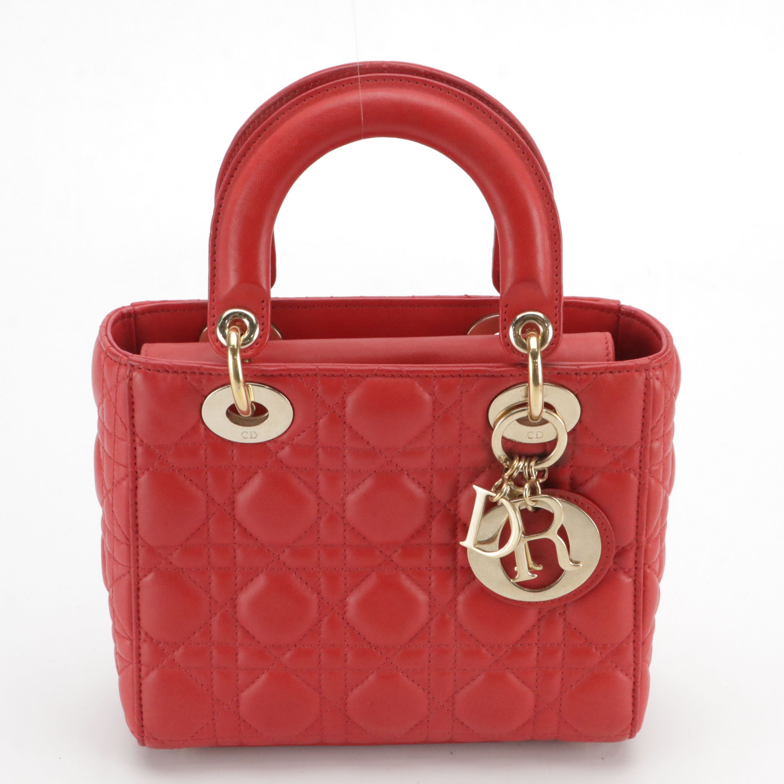 Christian Dior Small Lady Dior Two-Way Bag in Red Cannage Quilted Lambskin