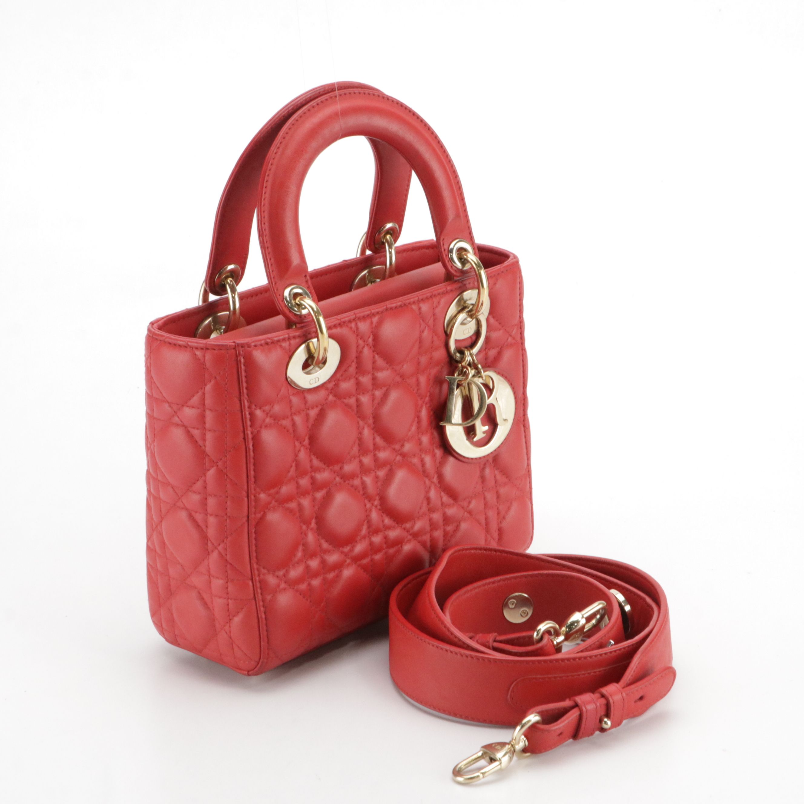 Christian Dior Small Lady Dior Two-Way Bag in Red Cannage Quilted Lambskin