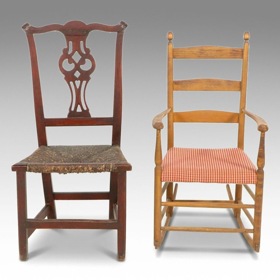 Early American Chippendale Style Side Chair with Ladder-Back Rocking Chair