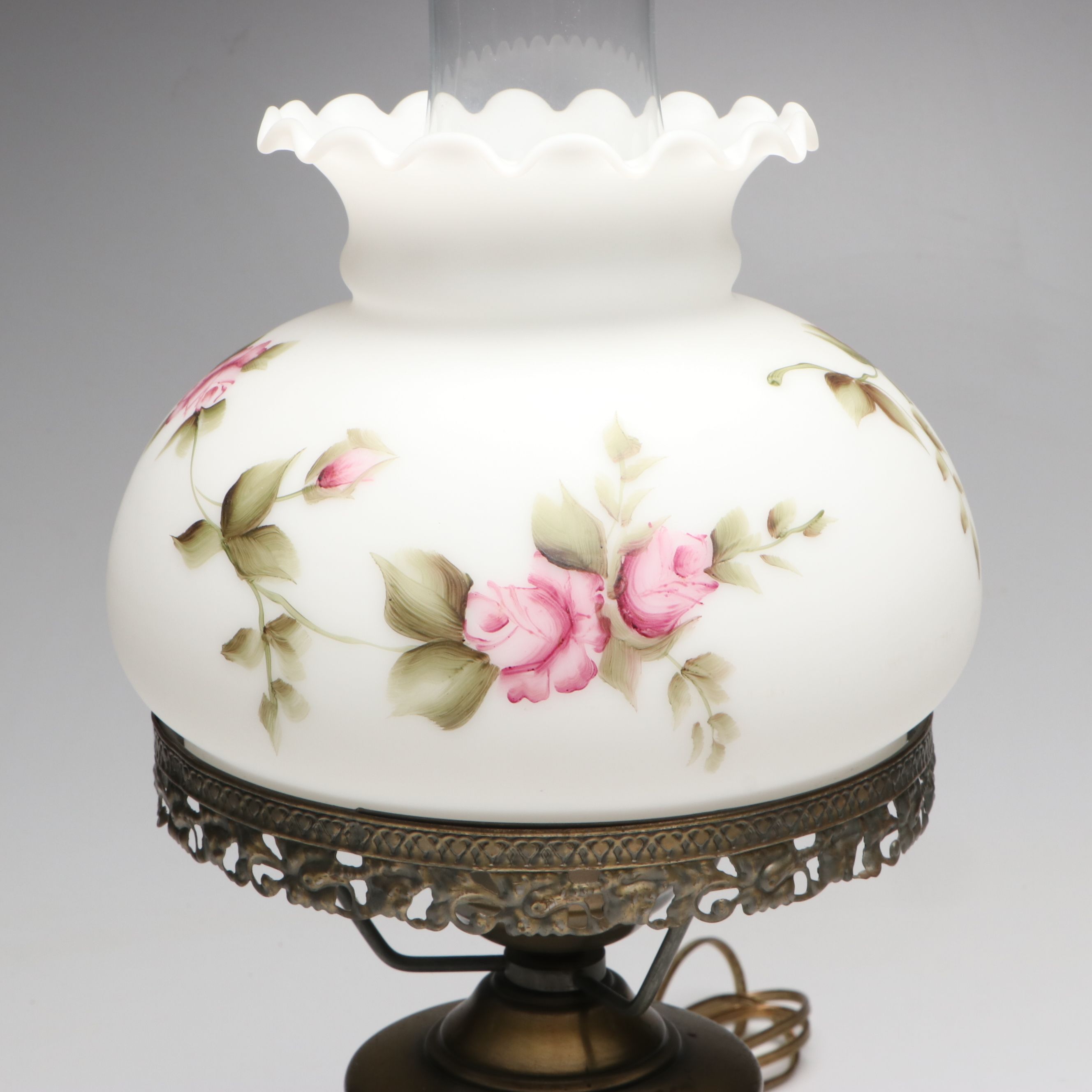 Victorian Style Hand-Painted Floral Milk Glass Parlor Lamp, Late 20th C.