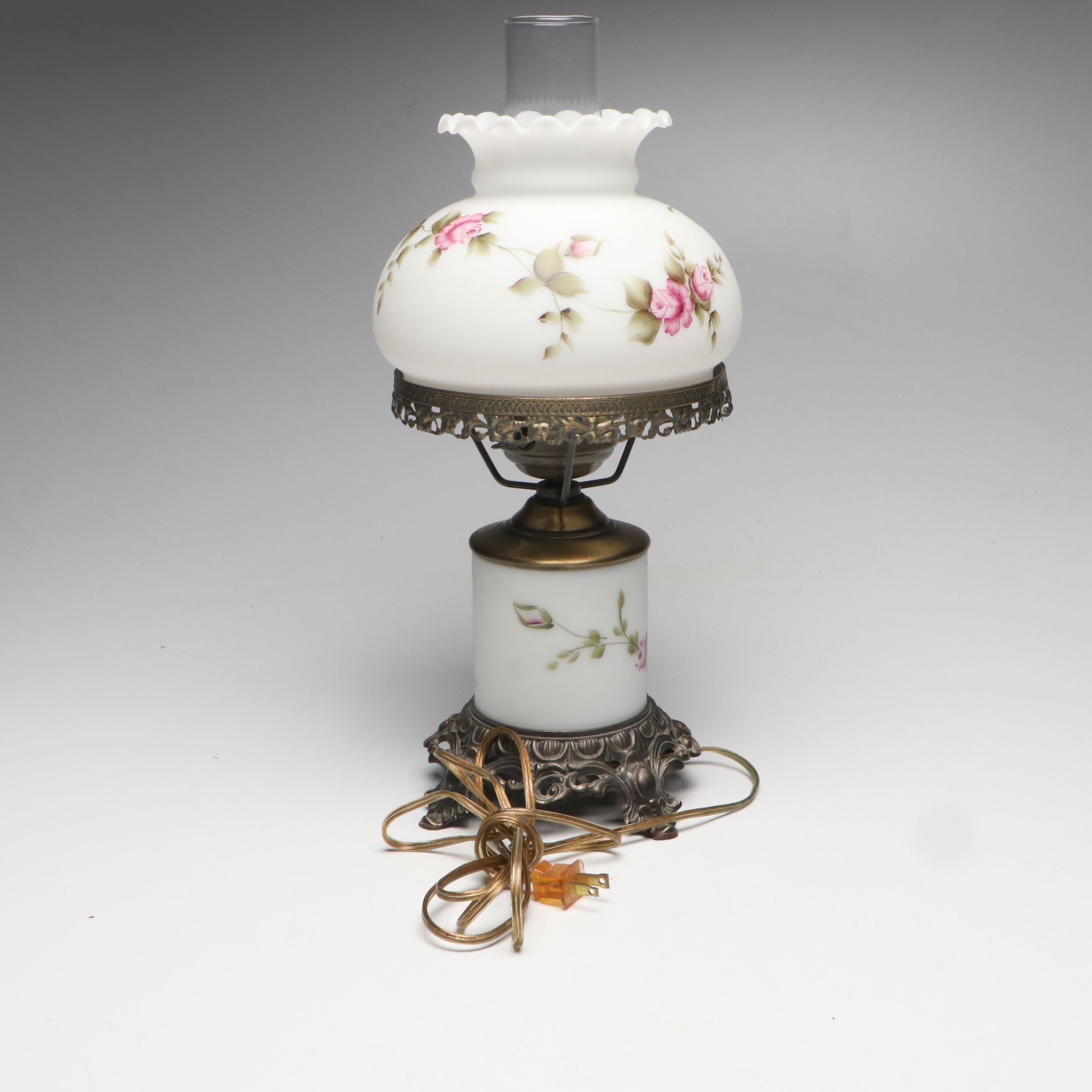 Victorian Style Hand-Painted Floral Milk Glass Parlor Lamp, Late 20th C.