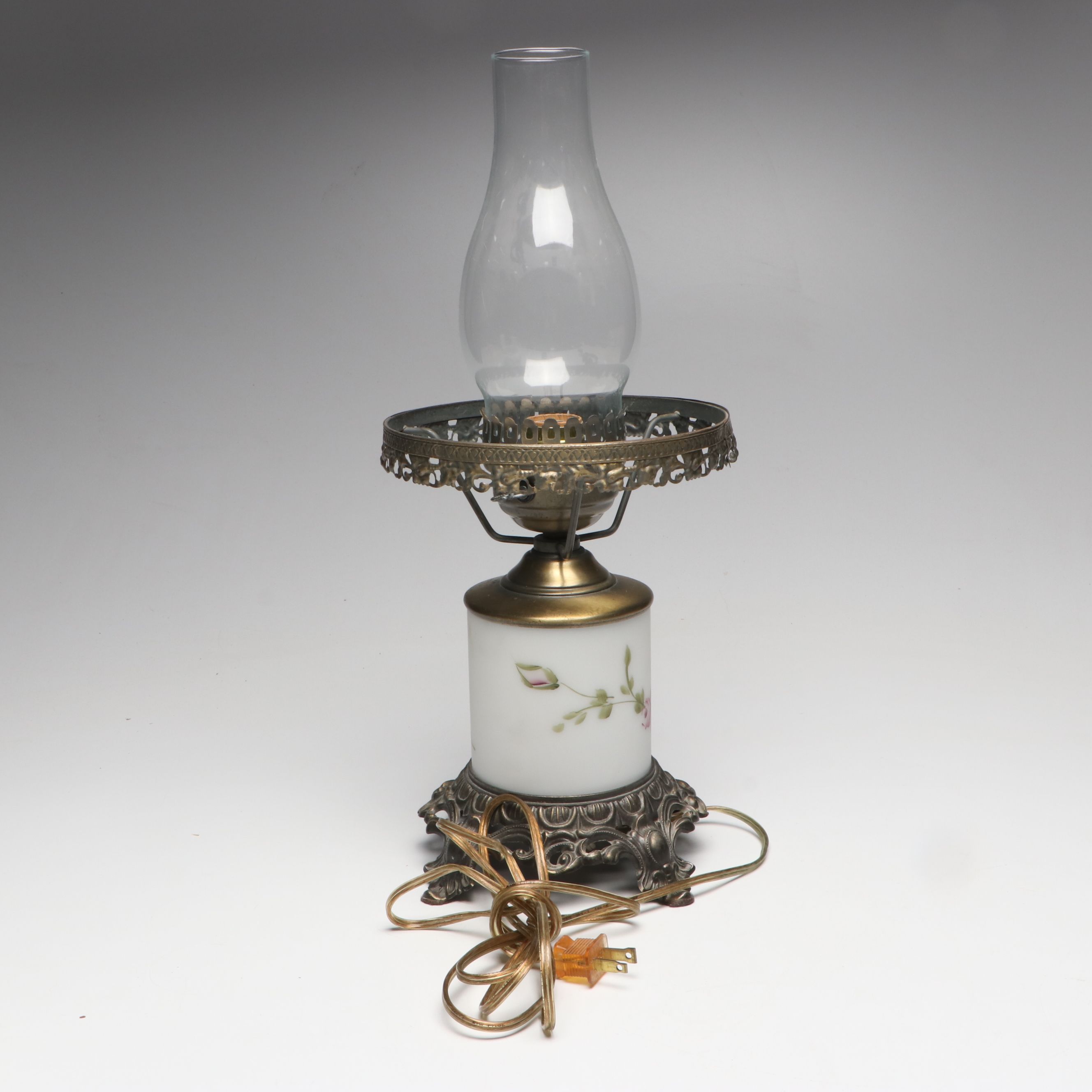 Victorian Style Hand-Painted Floral Milk Glass Parlor Lamp, Late 20th C.