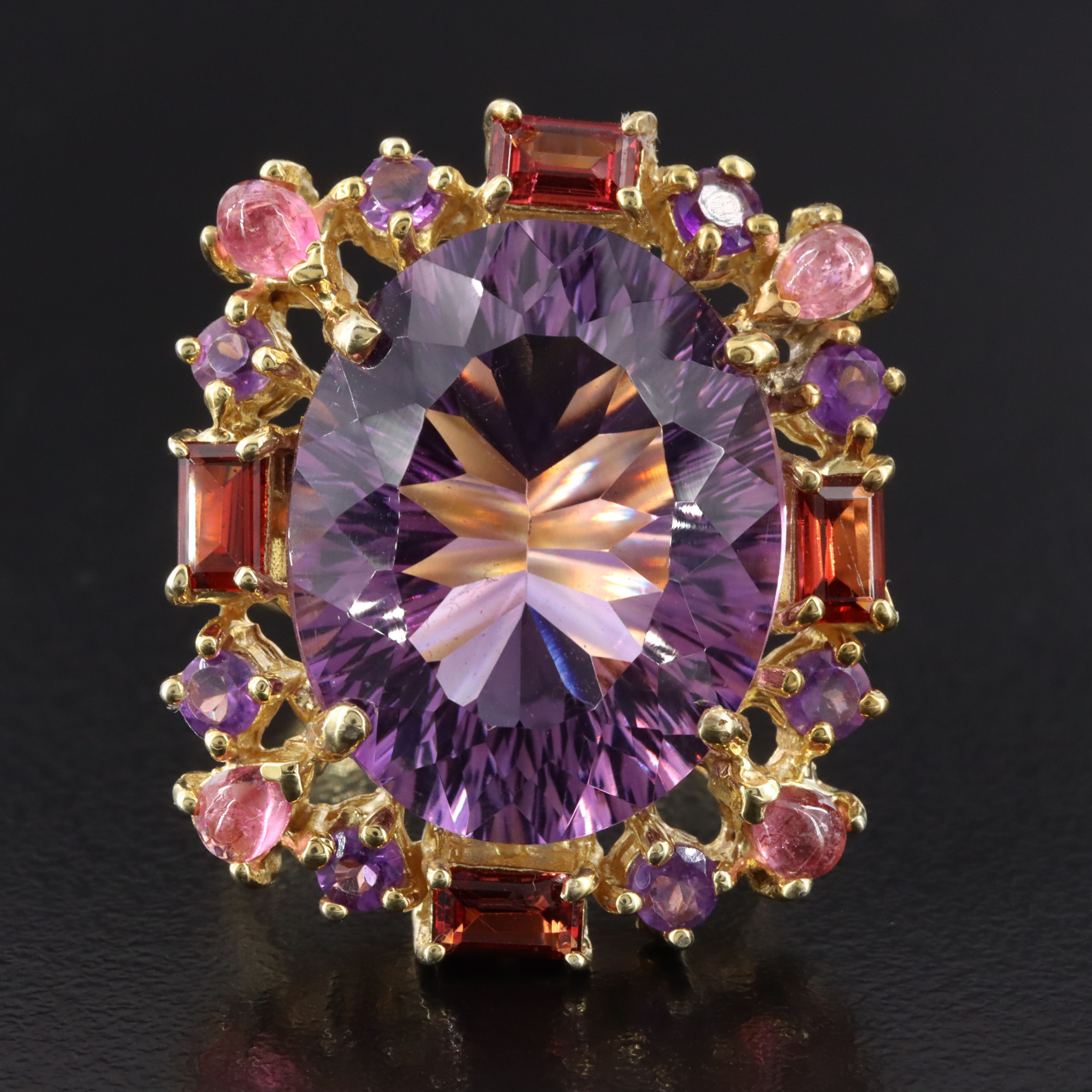 Sterling Amethyst, Rhodolite Garnet and Tourmaline Halo Ring