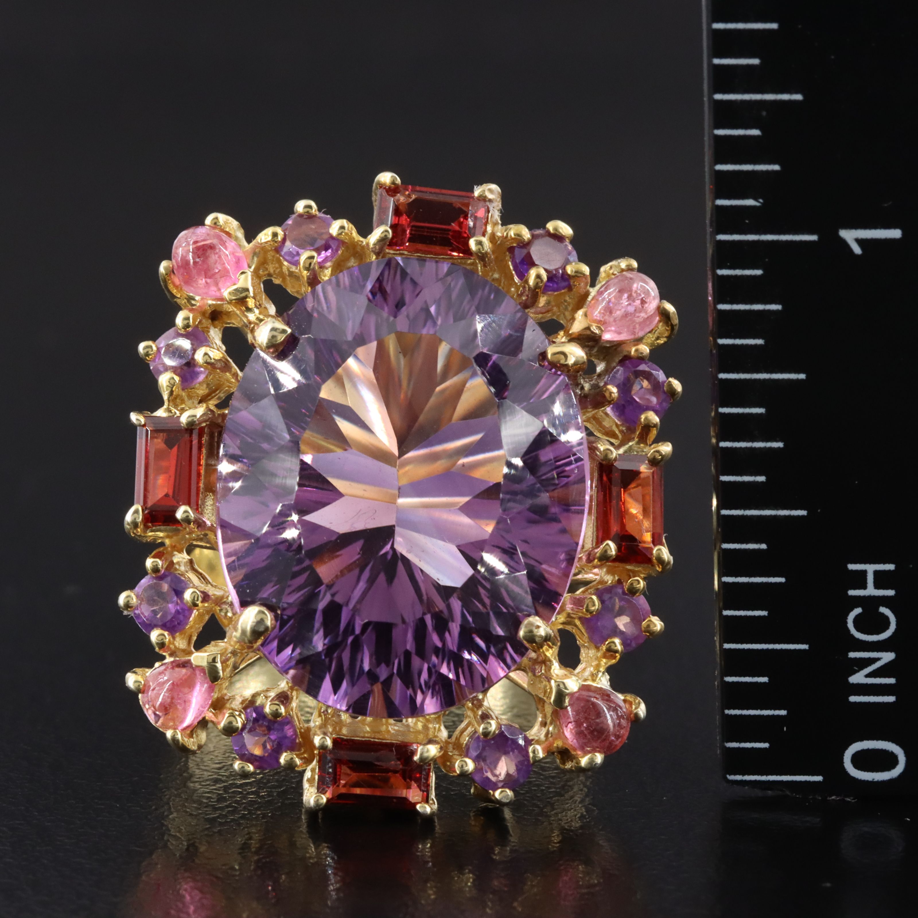 Sterling Amethyst, Rhodolite Garnet and Tourmaline Halo Ring