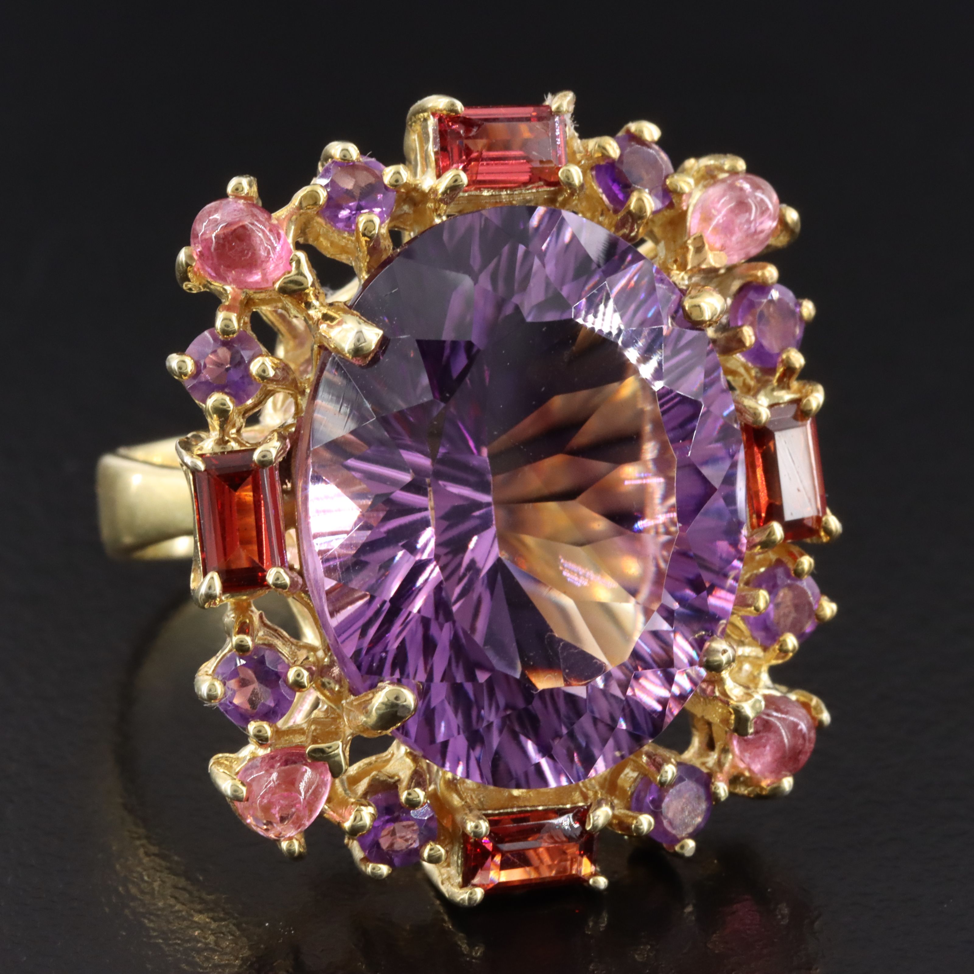 Sterling Amethyst, Rhodolite Garnet and Tourmaline Halo Ring