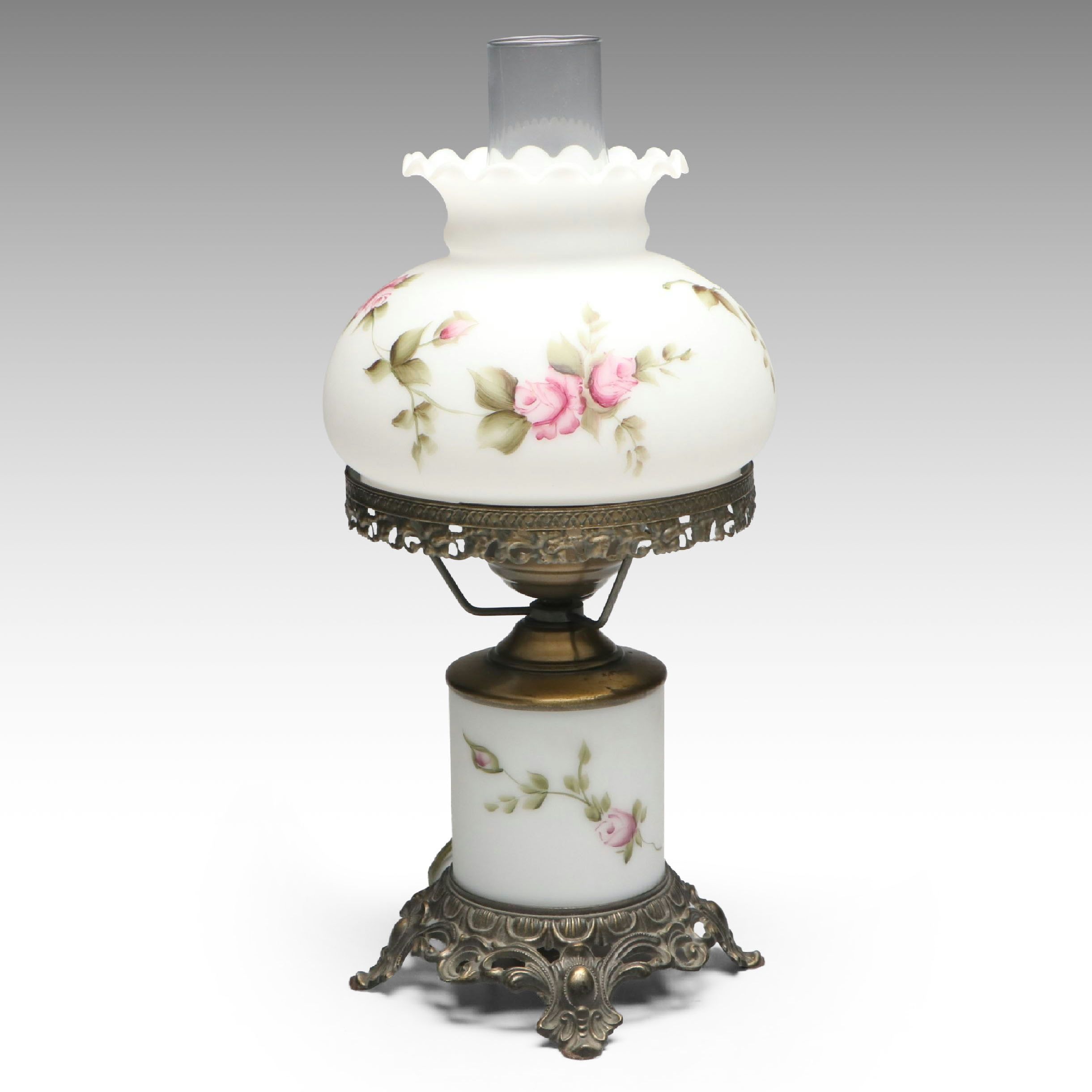 Victorian Style Hand-Painted Floral Milk Glass Parlor Lamp, Late 20th C.