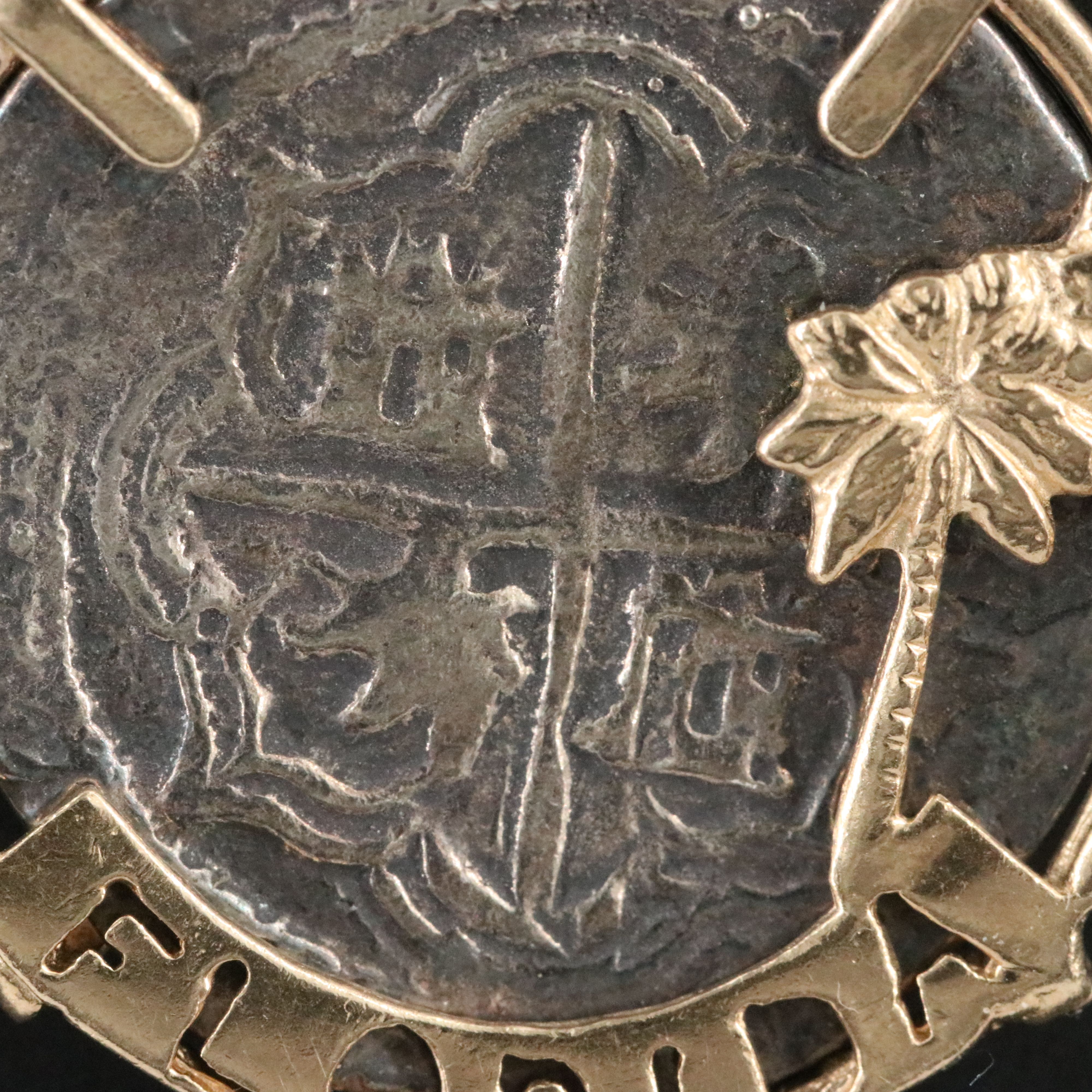 10K and 14K Souvenir Pendant with Reproduction Spanish "Shipwreck" Silver Coin