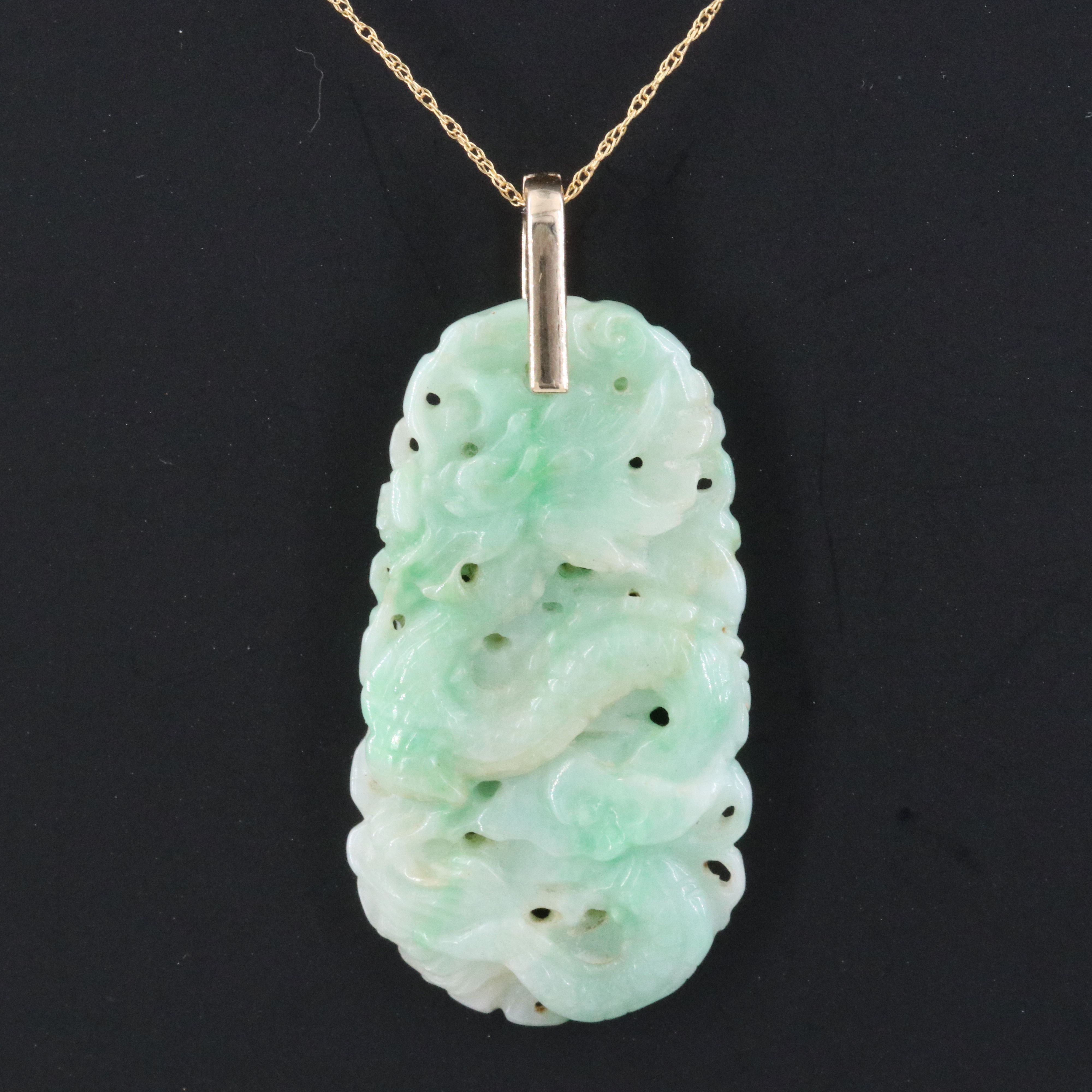 14K Jade Carved Dragon Enhancer Pendant on a 18K Chain