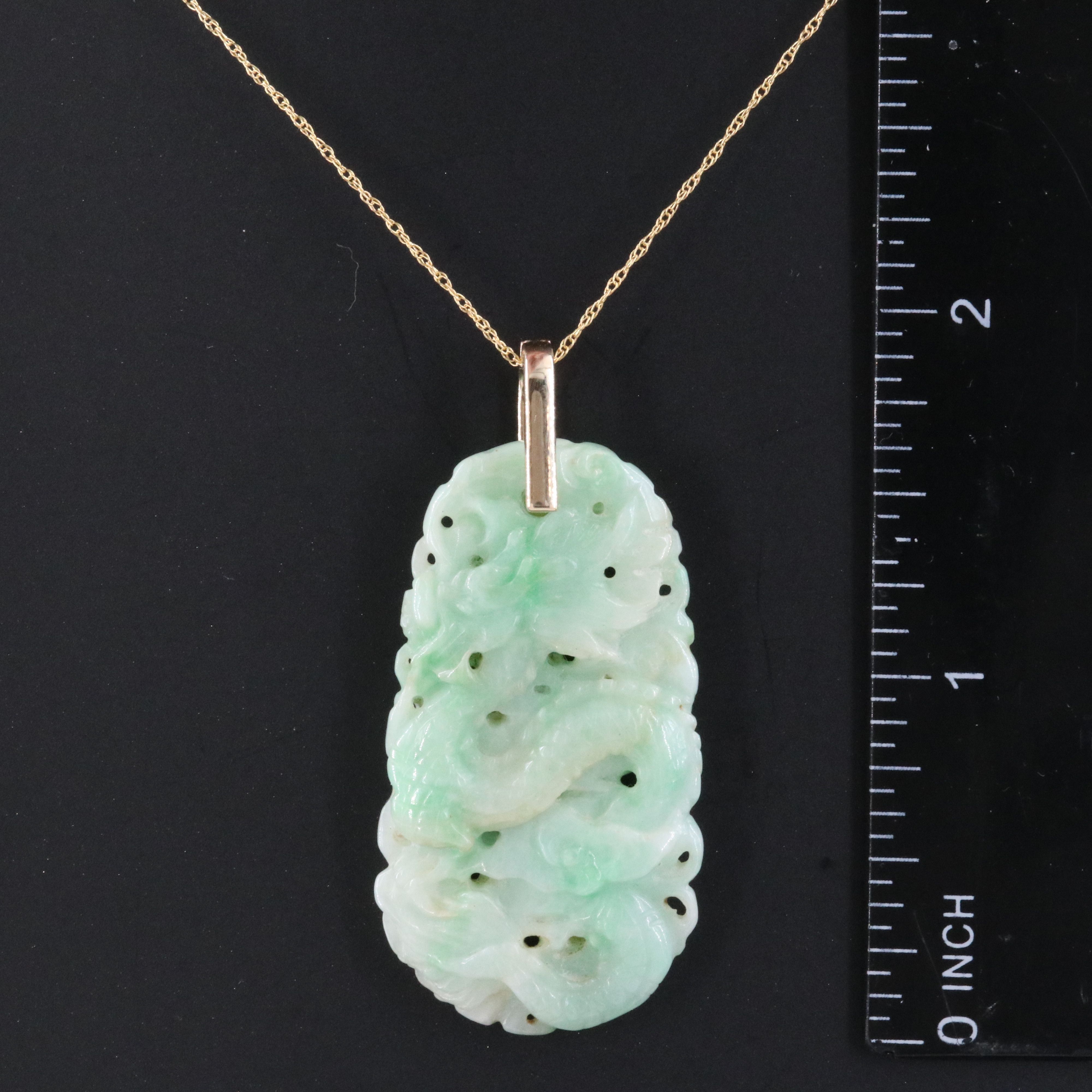 14K Jade Carved Dragon Enhancer Pendant on a 18K Chain