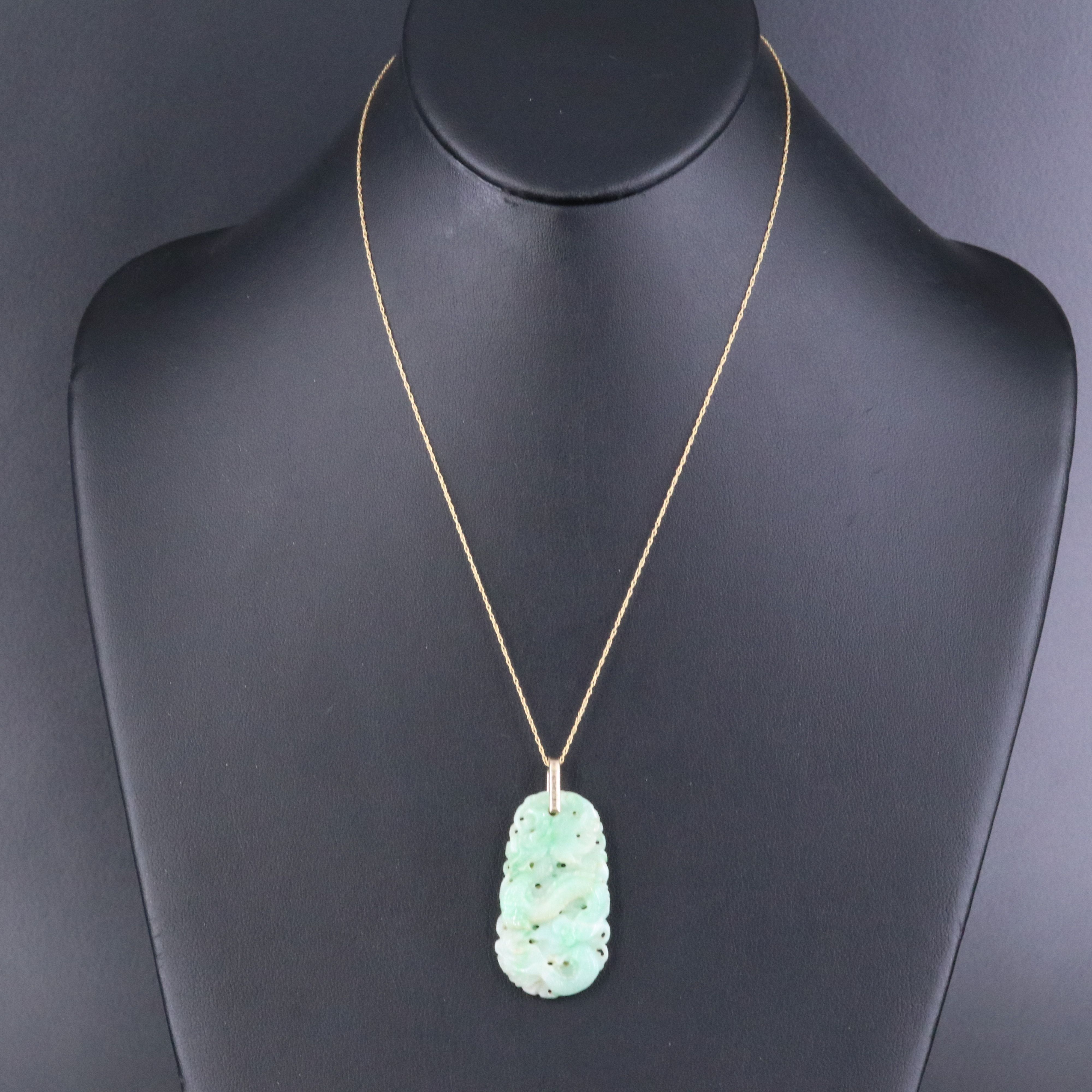 14K Jade Carved Dragon Enhancer Pendant on a 18K Chain