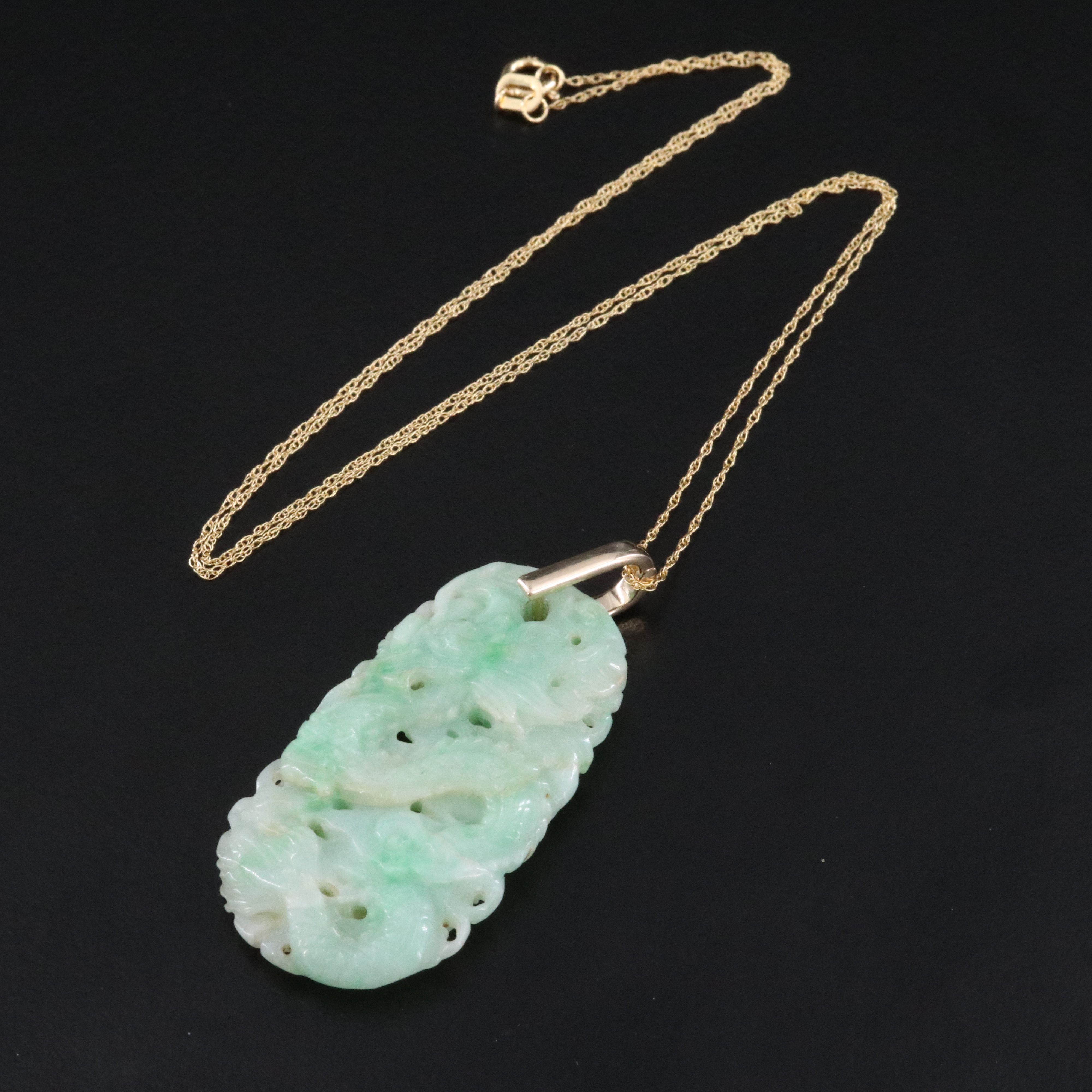 14K Jade Carved Dragon Enhancer Pendant on a 18K Chain