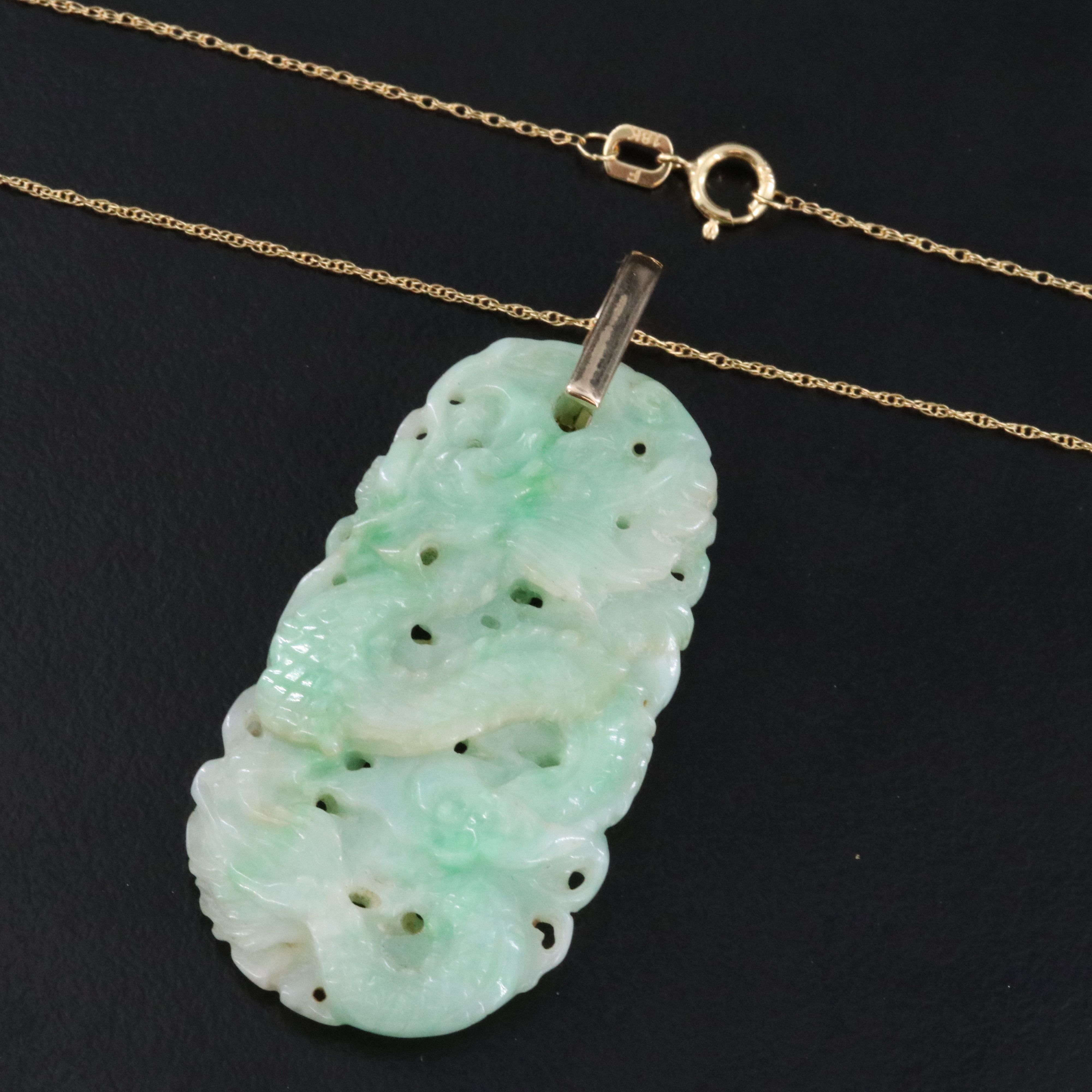 14K Jade Carved Dragon Enhancer Pendant on a 18K Chain