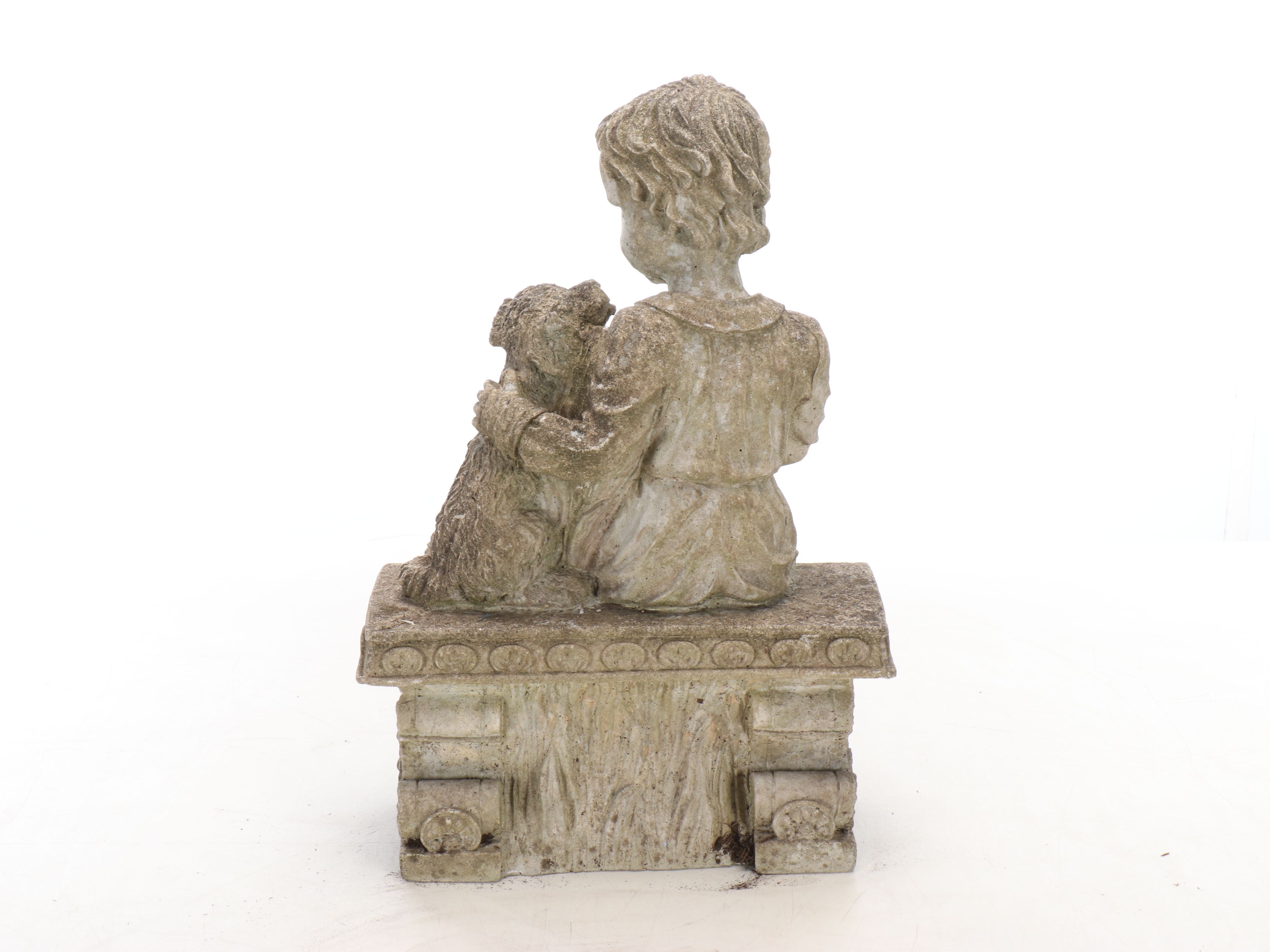 Seated Child and Dog Cast Concrete Garden Statue