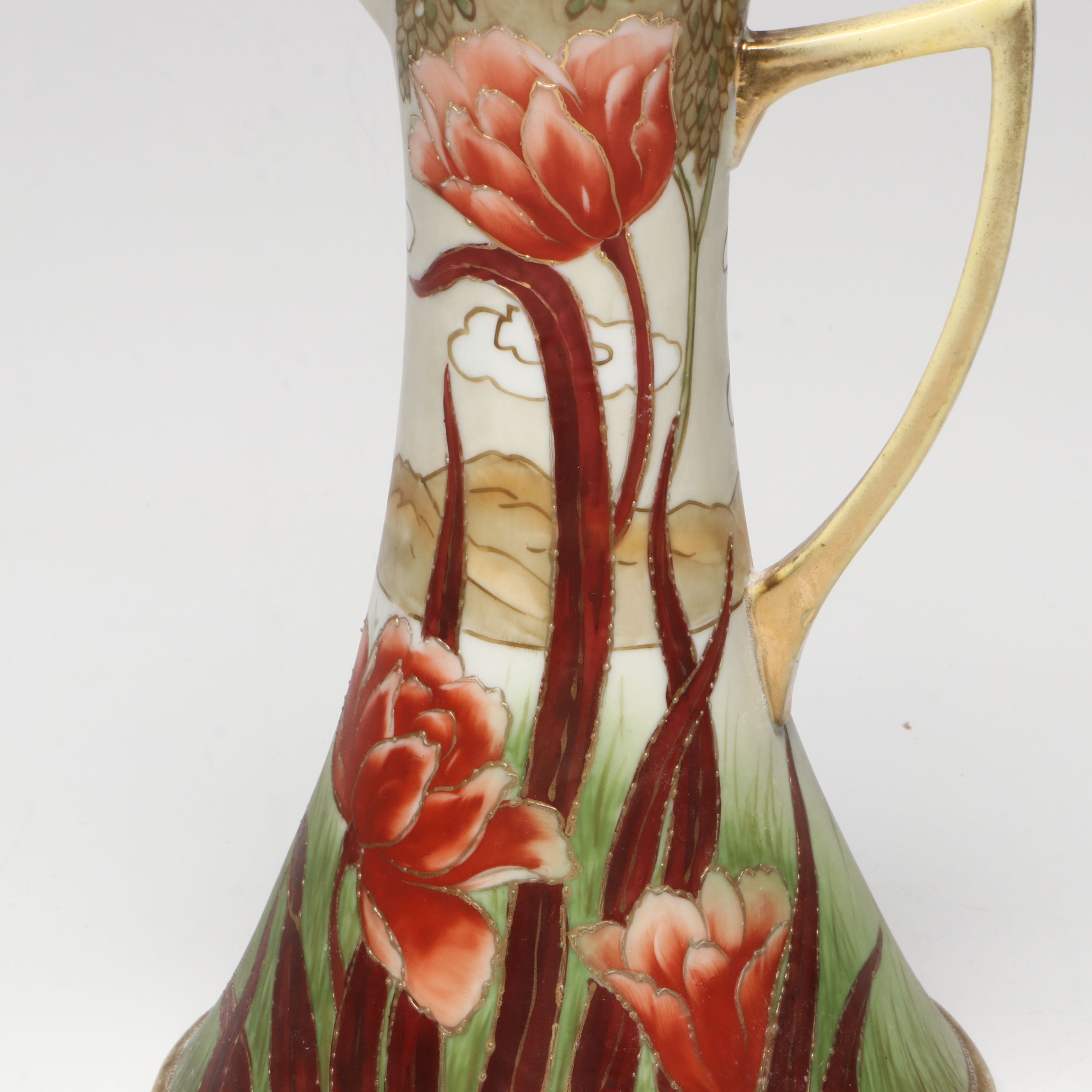 Nippon Art Nouveau Style Hand-Painted Gilt Porcelain Ewer, Early 20th Century