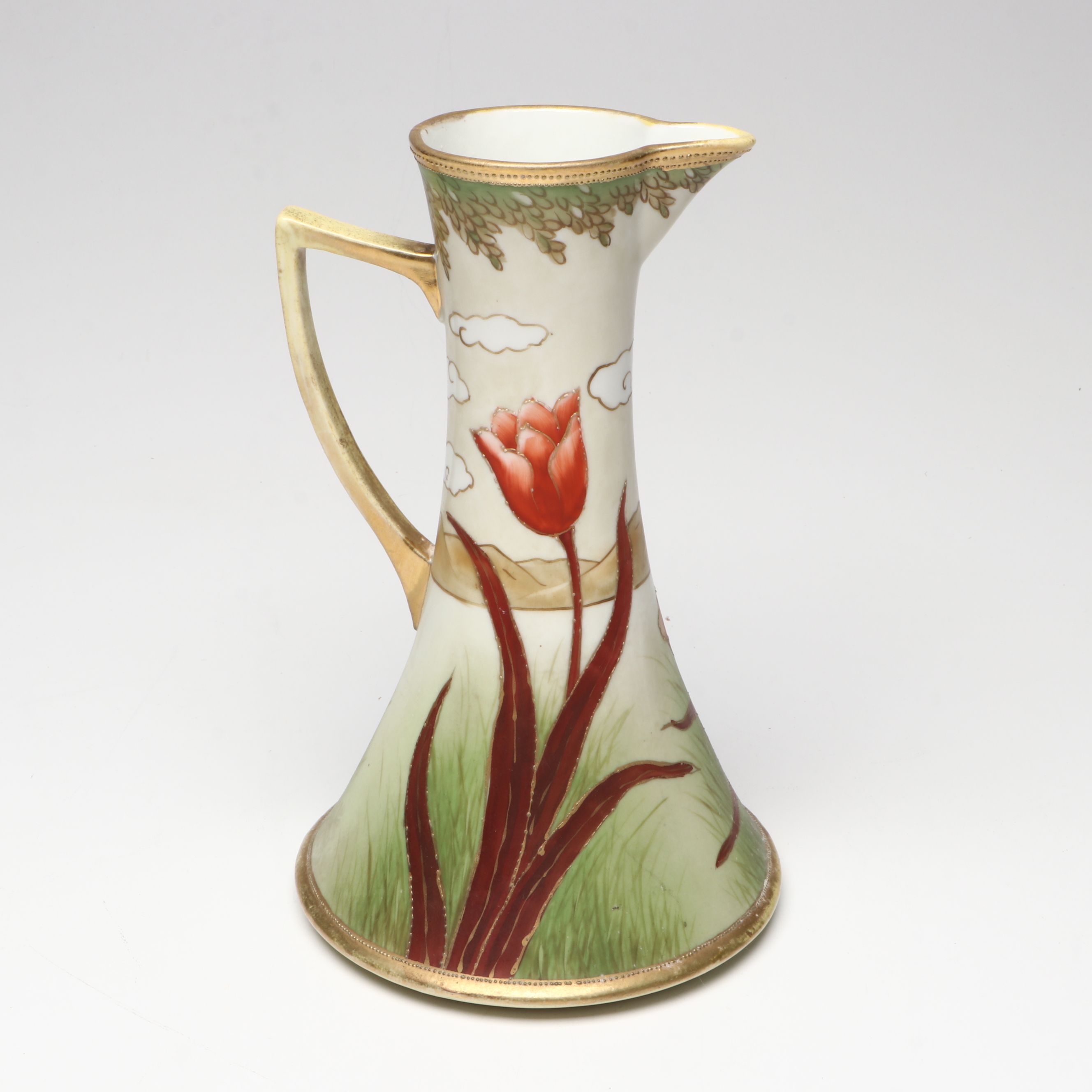 Nippon Art Nouveau Style Hand-Painted Gilt Porcelain Ewer, Early 20th Century