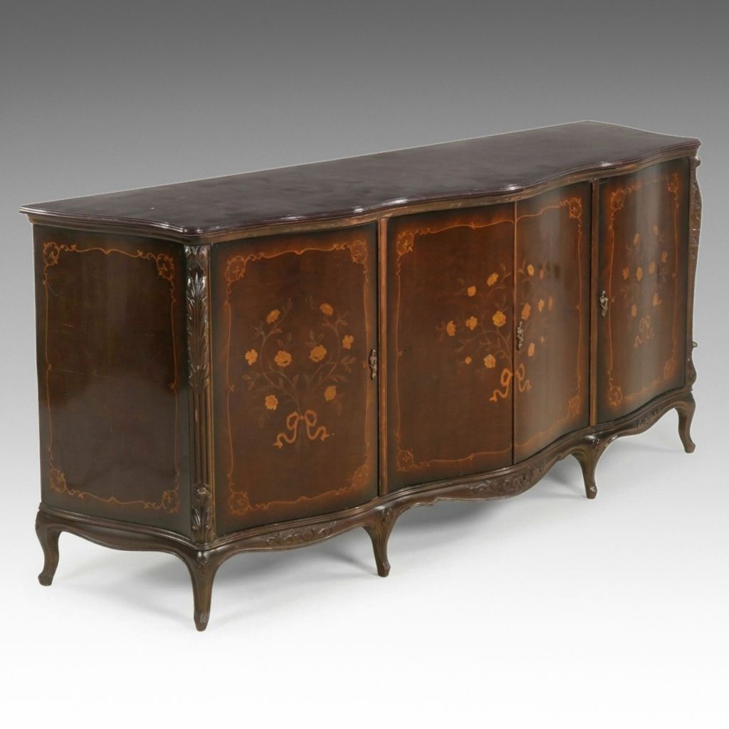 Louis XV Style Carved Mahogany Sideboard with Marquetry Floral Decorations