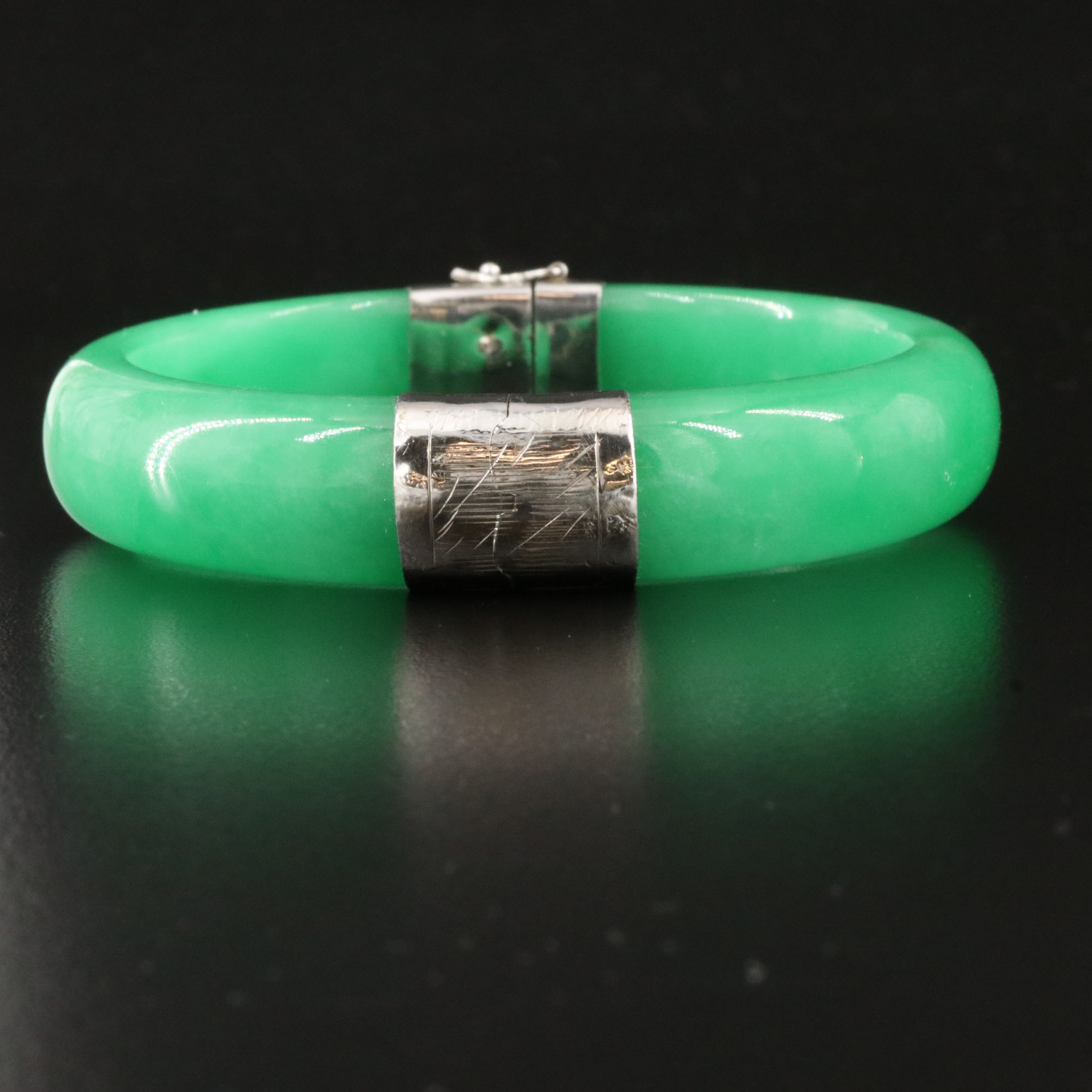 Sterling Hinged Jadeite Bangle Bracelet