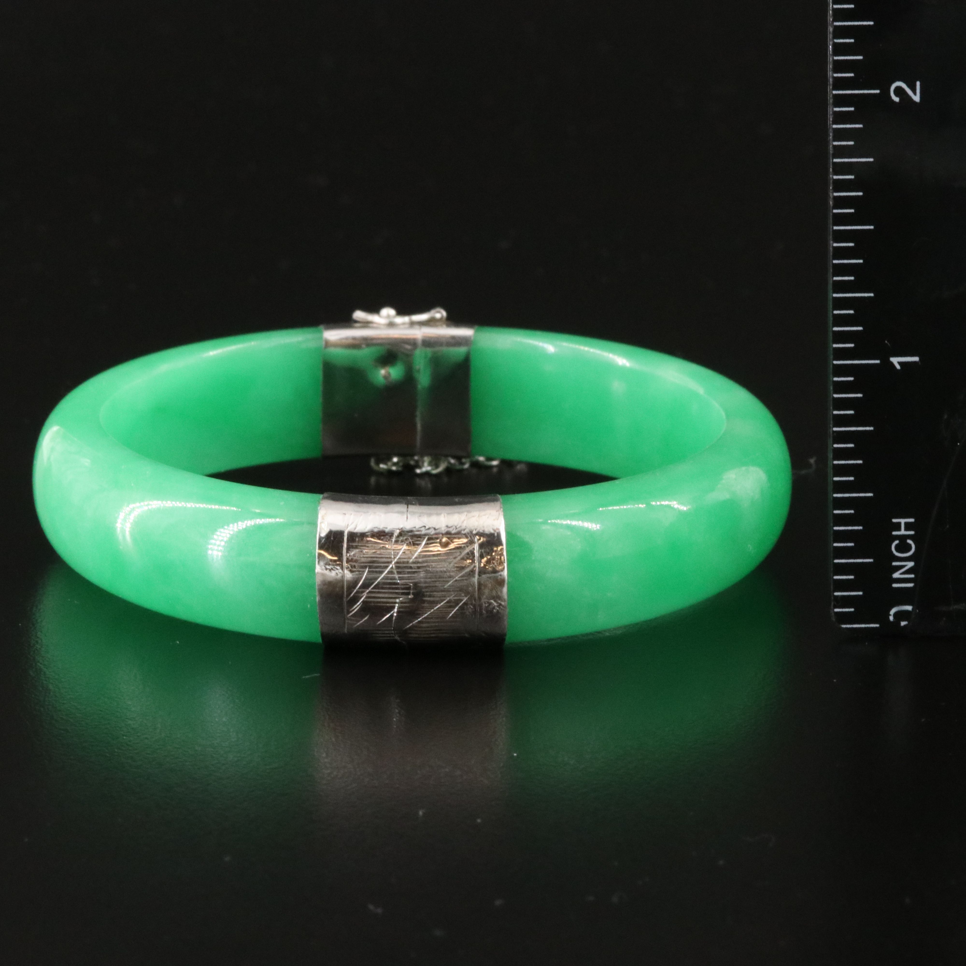 Sterling Hinged Jadeite Bangle Bracelet