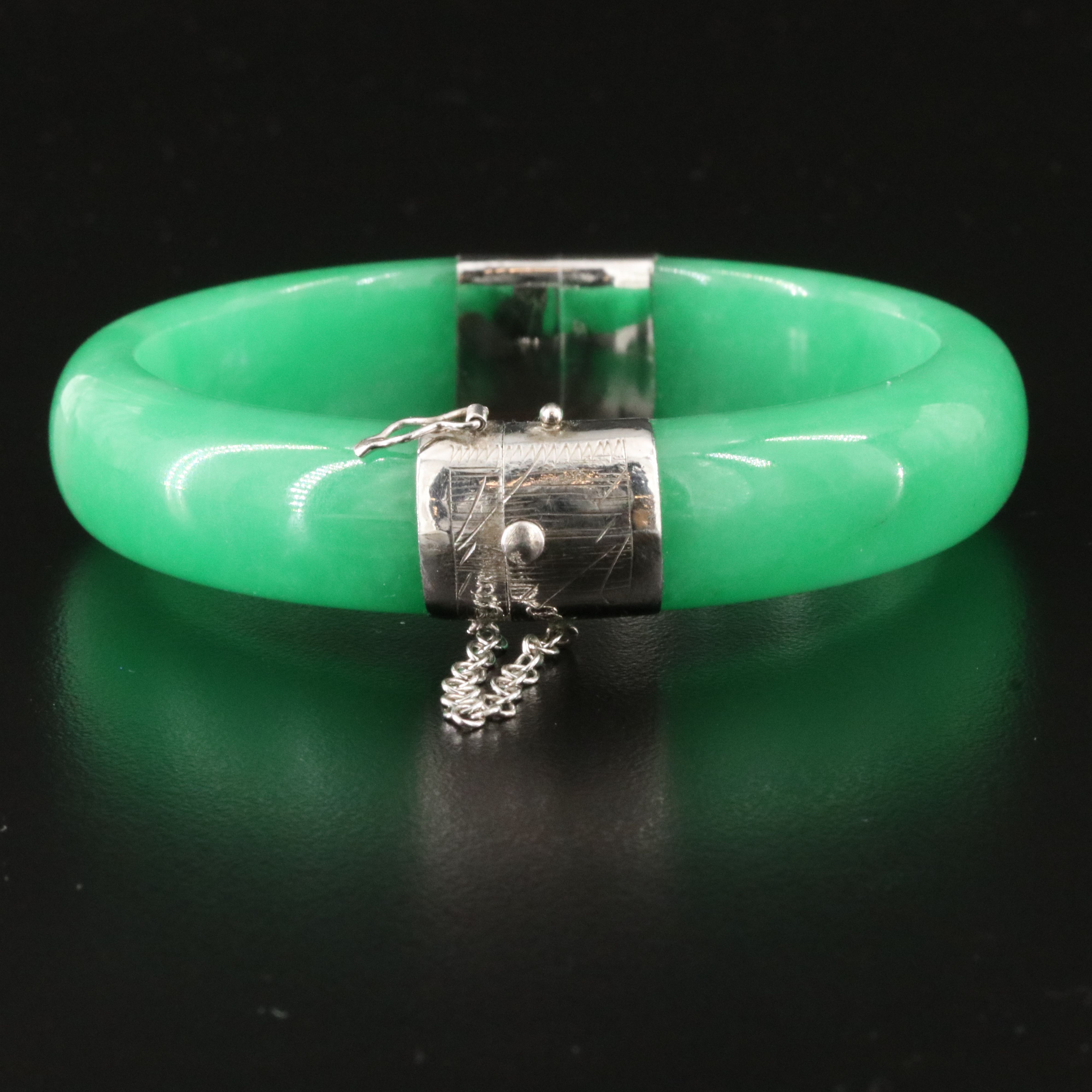Sterling Hinged Jadeite Bangle Bracelet