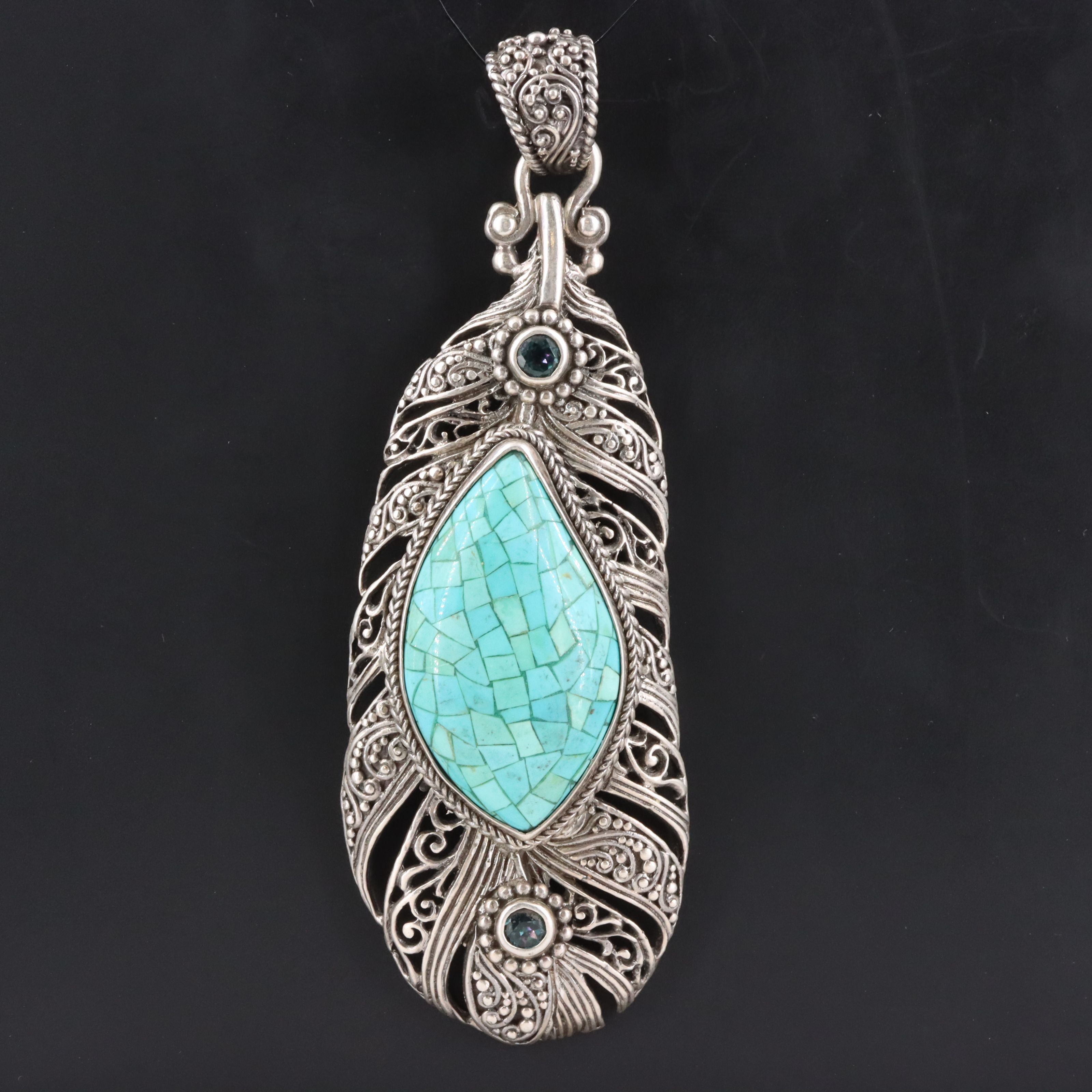 Sarda Sterling Turquoise Mosaic and Sapphire Feather Pendant