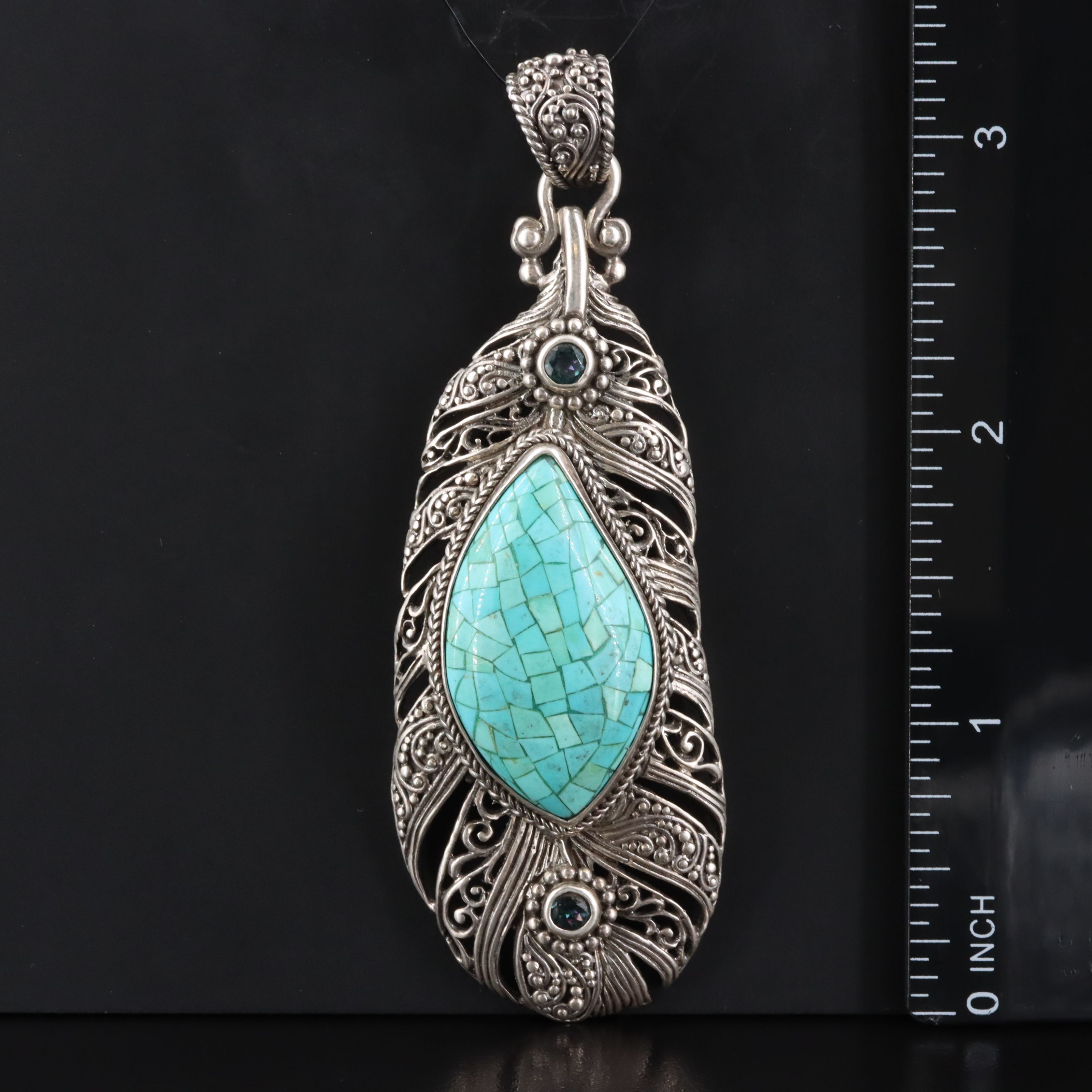 Sarda Sterling Turquoise Mosaic and Sapphire Feather Pendant