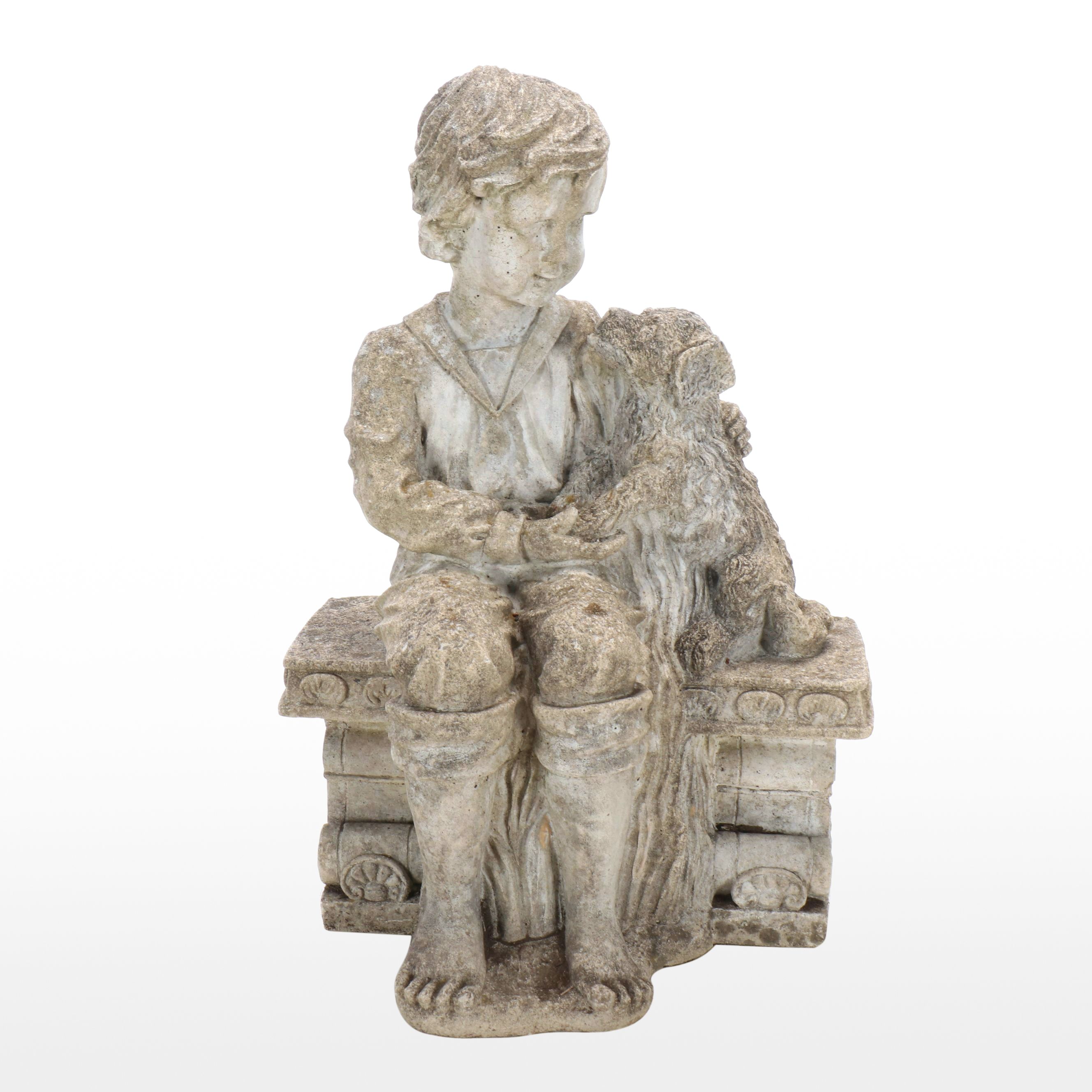 Seated Child and Dog Cast Concrete Garden Statue