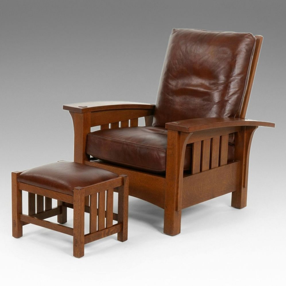 L & J.G. Stickley Craftsman Style Oak and Leather Recliner and Footstool