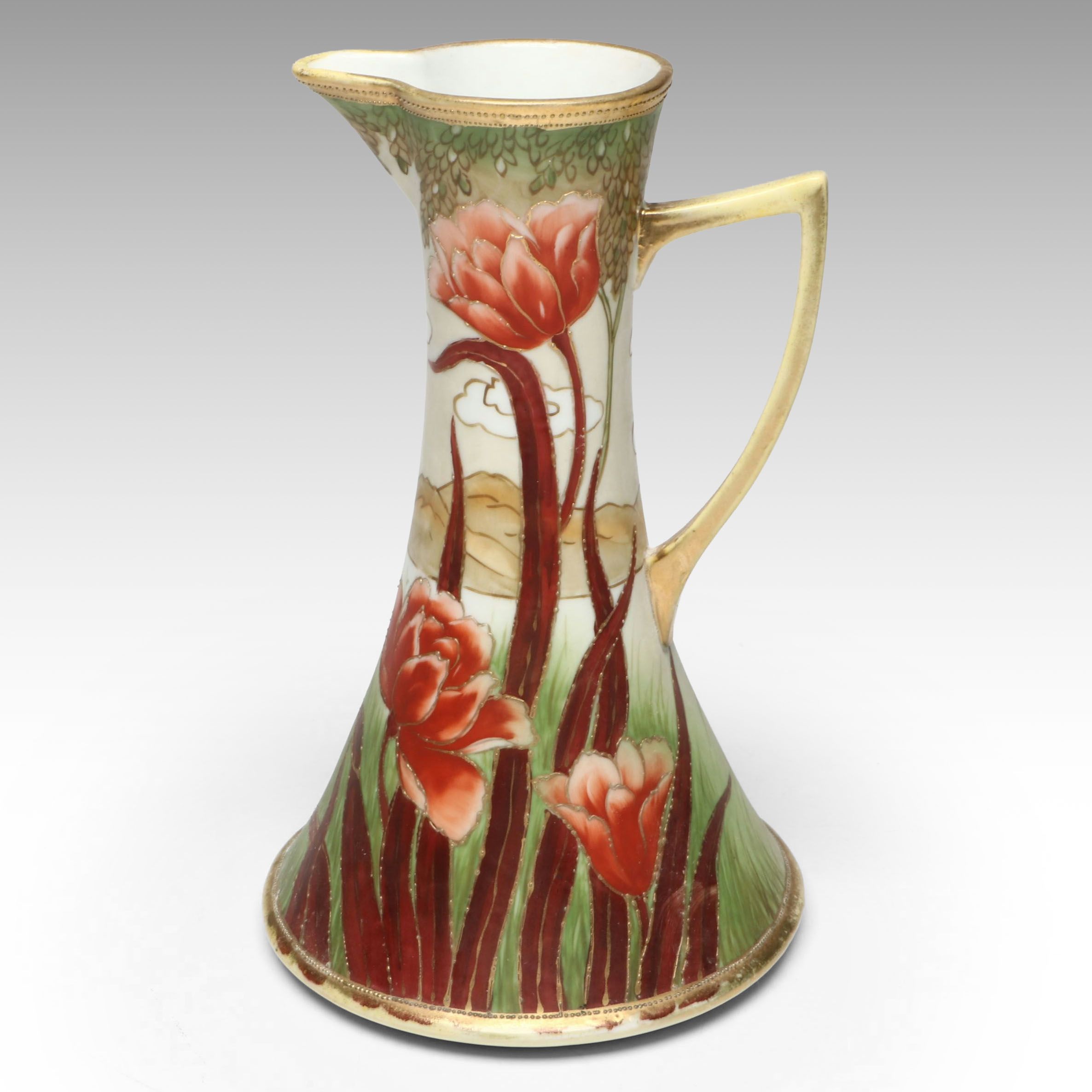 Nippon Art Nouveau Style Hand-Painted Gilt Porcelain Ewer, Early 20th Century