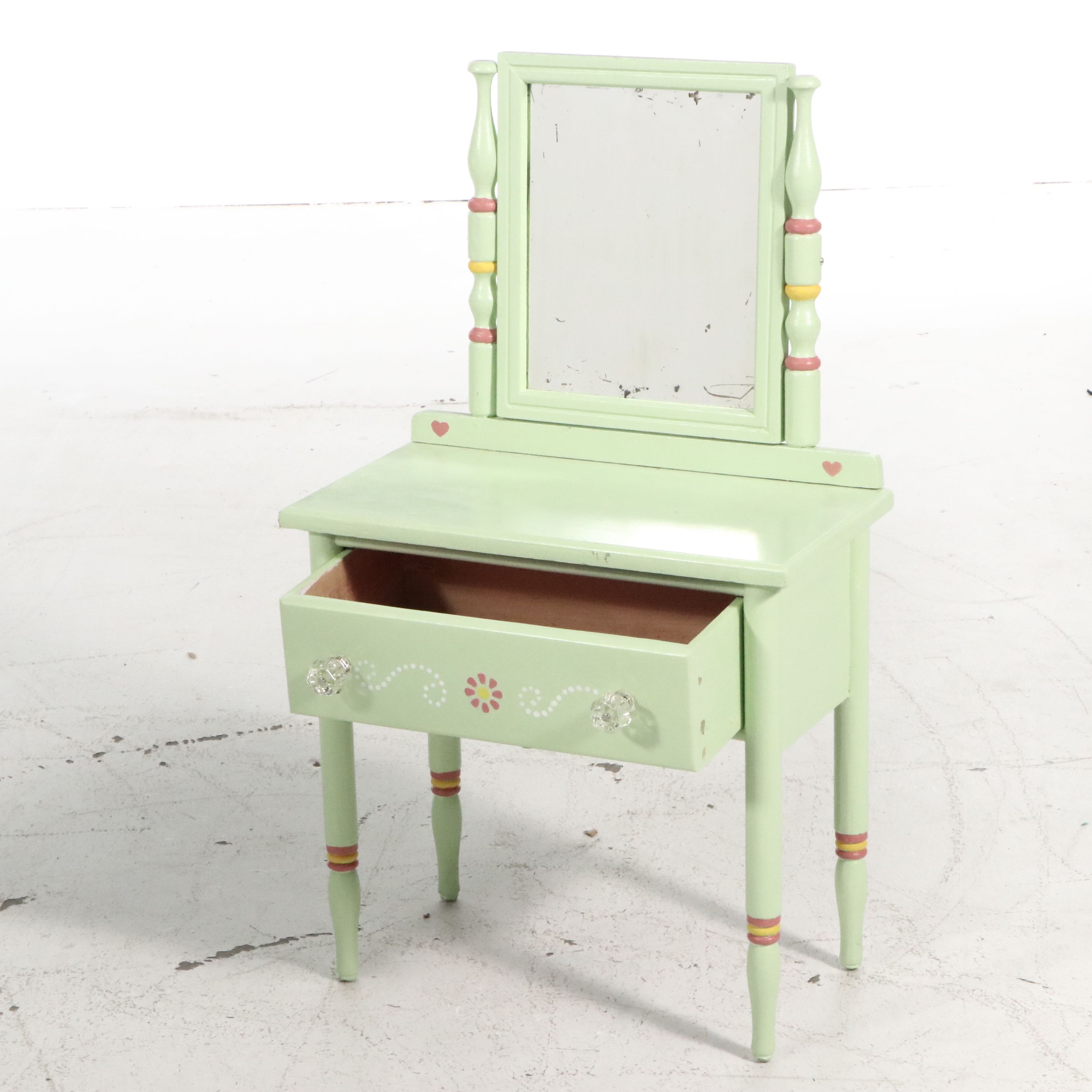 Child-Size Paint-Decorated Wood Vanity with Mirror and Matching Stool